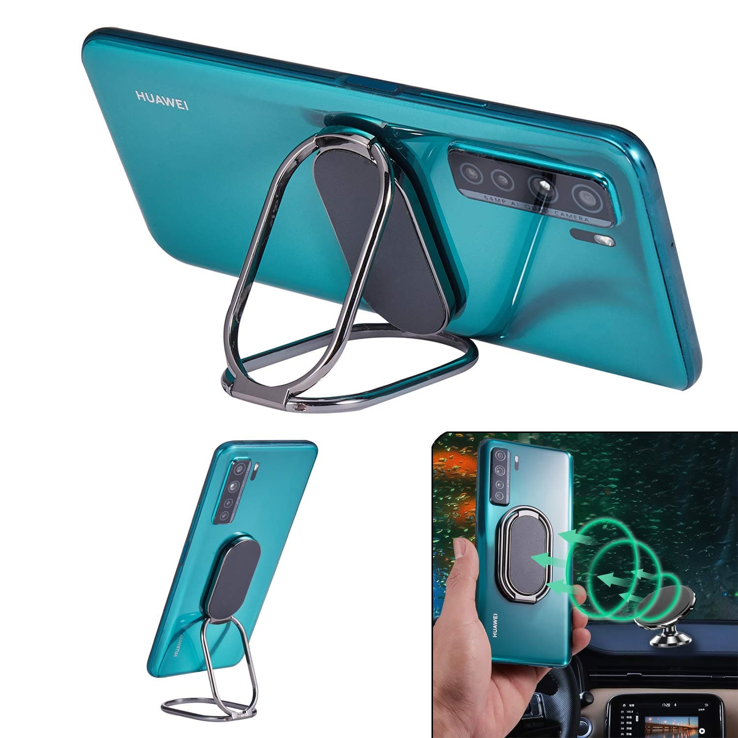 Phone Ring Holder Finger Kickstand Foldable Cellphone Stand 360° Rotation Metal Ring Grip Holder for Magnetic Car Mount Compatible with iPhone Samsung All Smartphone