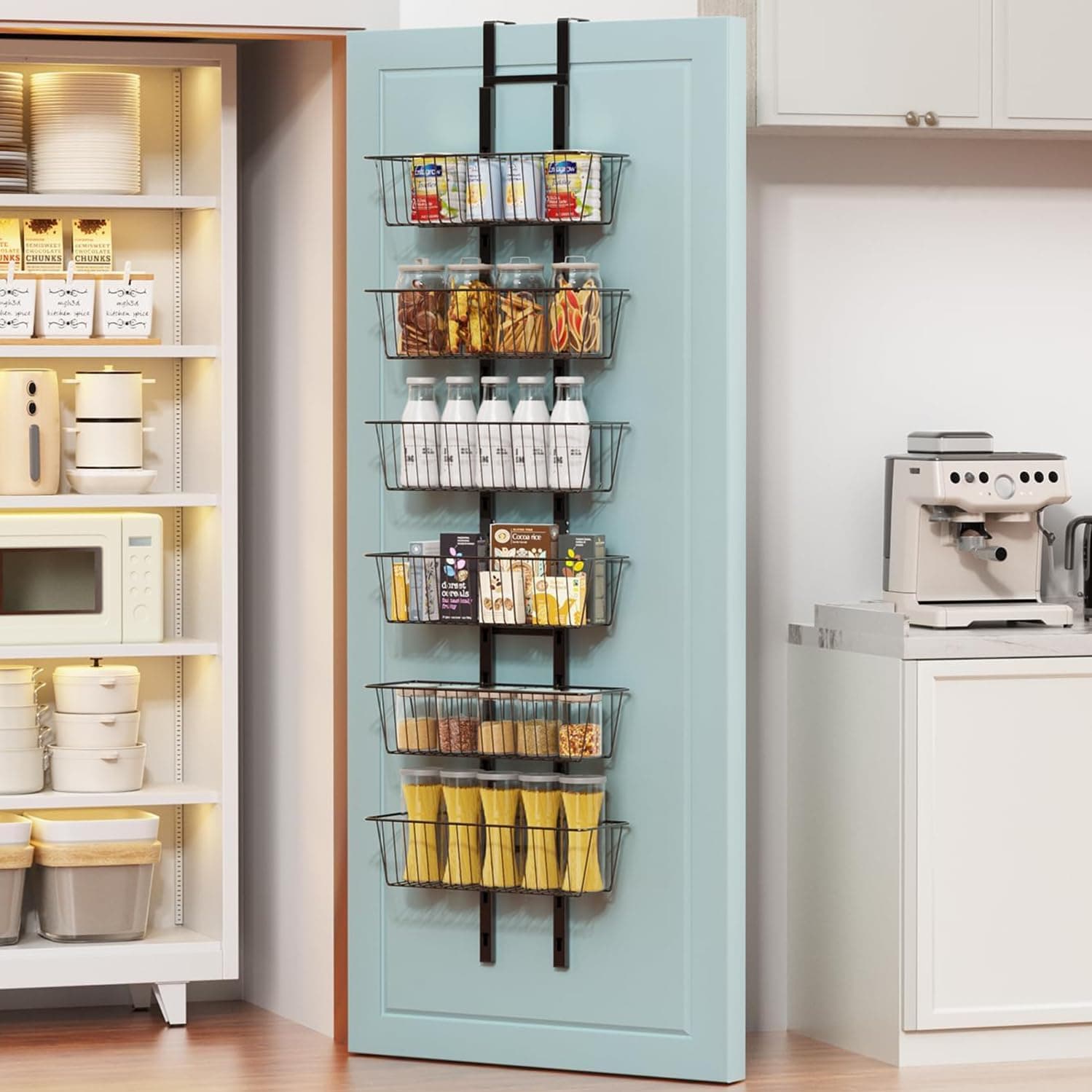 6-Tier Over the Door Pantry Organizer with 6 Wire Baskets, Foldable Metal Over the Door Hanging Spice Rack, Over Door Organizers and Storage, Spice for Home & Kitchen Laundry Room Bathroom Essentials