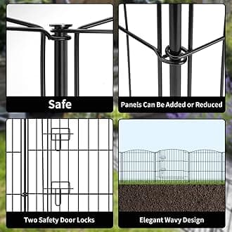 INJOPEXI Garden Fence 6 panels 11.8ft (L)×24in (H) Decorative Garden Fence with 5 Panels 1 Gate Rustproof Wire No Dig Garden Fence Animal Barrier Fencing for Outdoor Backyard Black