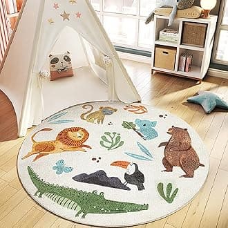Mofish Anti-Slip Thickened Round Kids Rug, Cute Soft Animal Plush Cartoon Kids Carpet, Children's Crawling Rug Children's Play Mat for Kindergarten Nursery Bedroom Living Room (A,140 * 140cm)