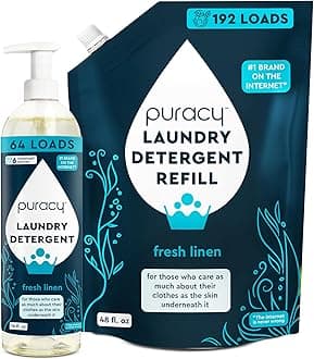 Puracy Liquid Laundry Detergent Refill-1,4 Dioxane Free, Natural, Gentle Laundry Detergent Liquid Concentrate Laundry Pouch with Stain Fighting Enzymes Fresh Linen & Free and Clear 16 fl oz & 48 fl oz