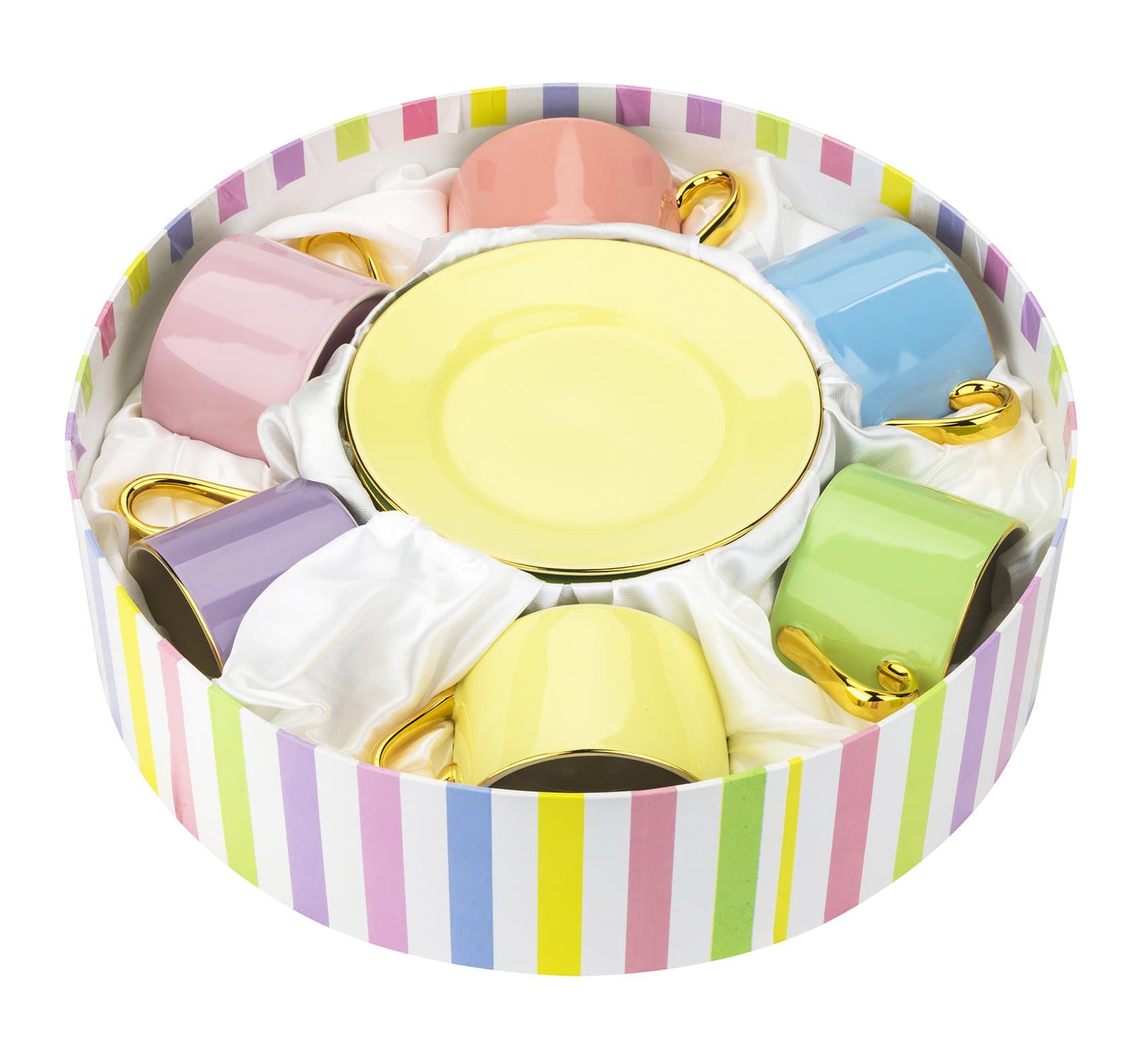 7 Oz Classic Coffee and Tea Cups with Saucers, Pastel Assorted Colors Ceramic Service, Premium Quality Porcelain Set, 6 Cups + 6 Saucers