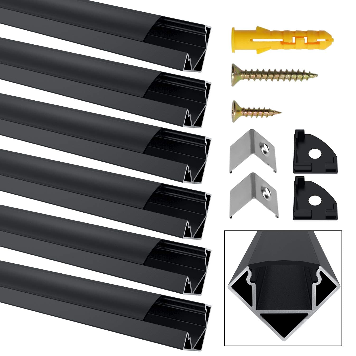 JirvyukLed Aluminum Channel, 6 Pack 1m/3.3ft V Shape LED Aluminum Profile and Diffuser with Black Cover for insdoor End Caps and Metal Mounting Clips Aluminum Extrusion Track for LED Strip Lights