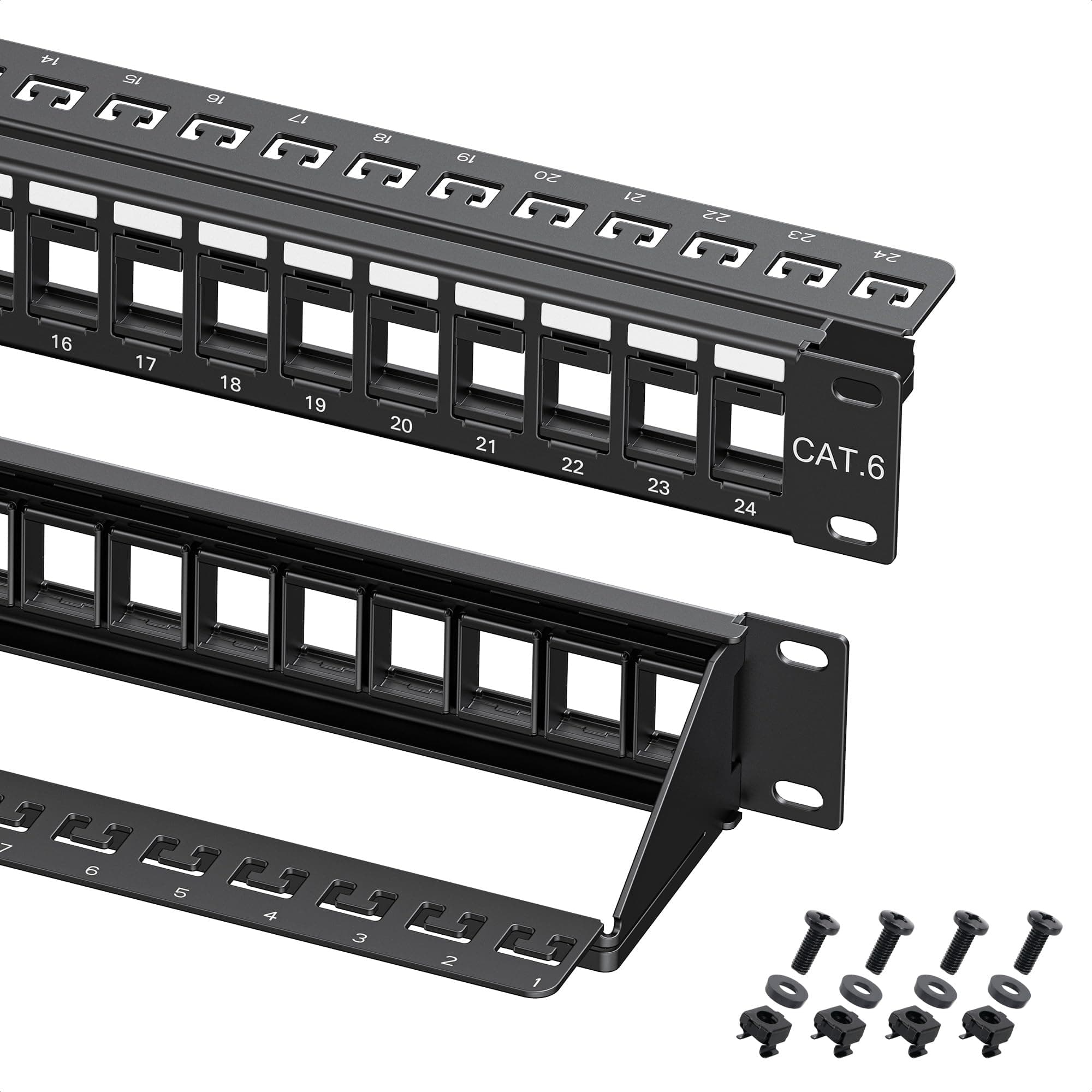 Cable Matters Rackmount or Wall Mount 1U 24 Port Keystone Patch Panel with Cable Management and Support Bar, 19-inch Blank Patch Panel for Keystone Jacks