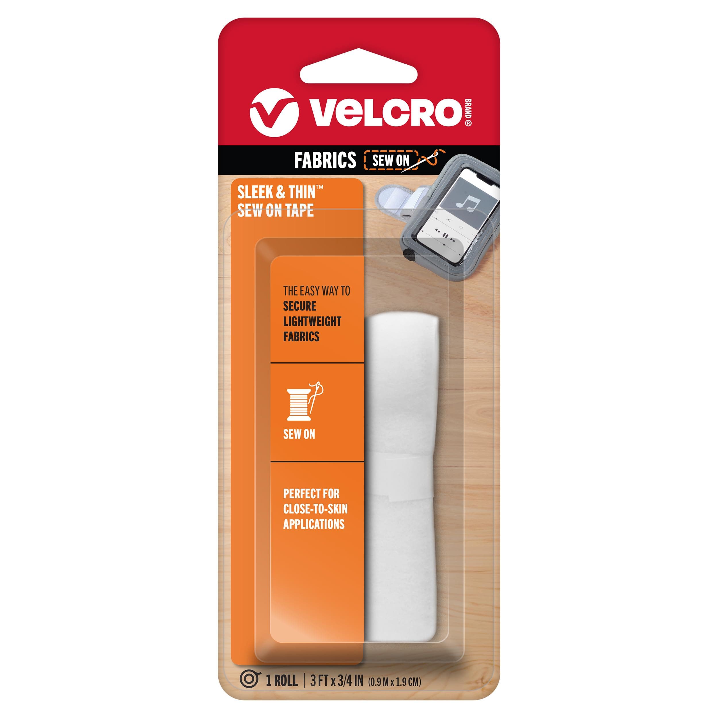 VELCRO Brand Sleek and Thin for Fabrics | 3ft x 3/4in Tape, White | Soft on Skin Ultra Light with Sewing Lane Technology,