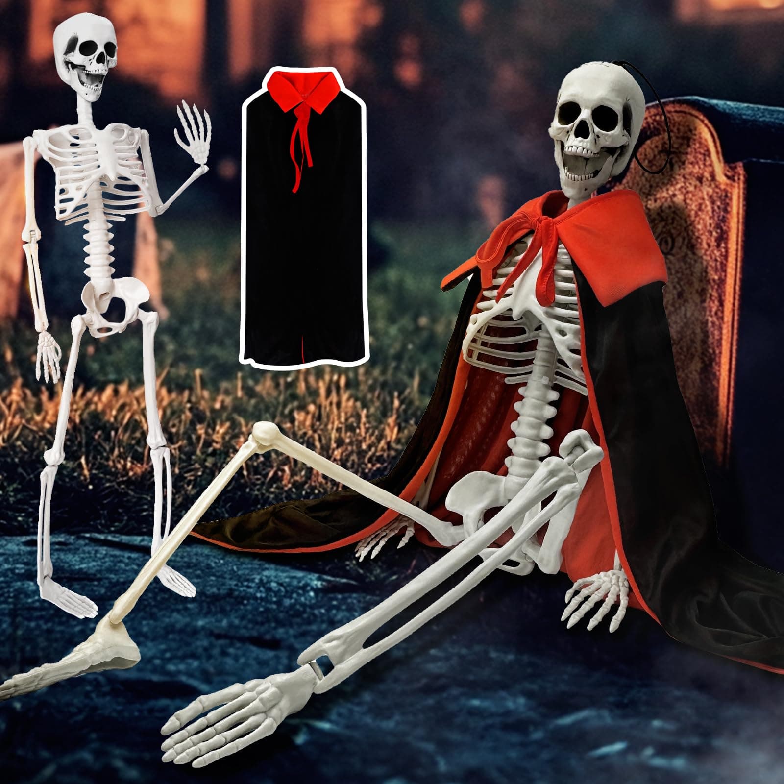 3 Ft Skeleton Halloween Decorations Outdoor Decor 36'' Posable Skeletons Full Size Body with Movable Joint Arm Bone Cape Plastic Skeleton for Haunted Houses Graveyard Lawn Props Halloween Decorations