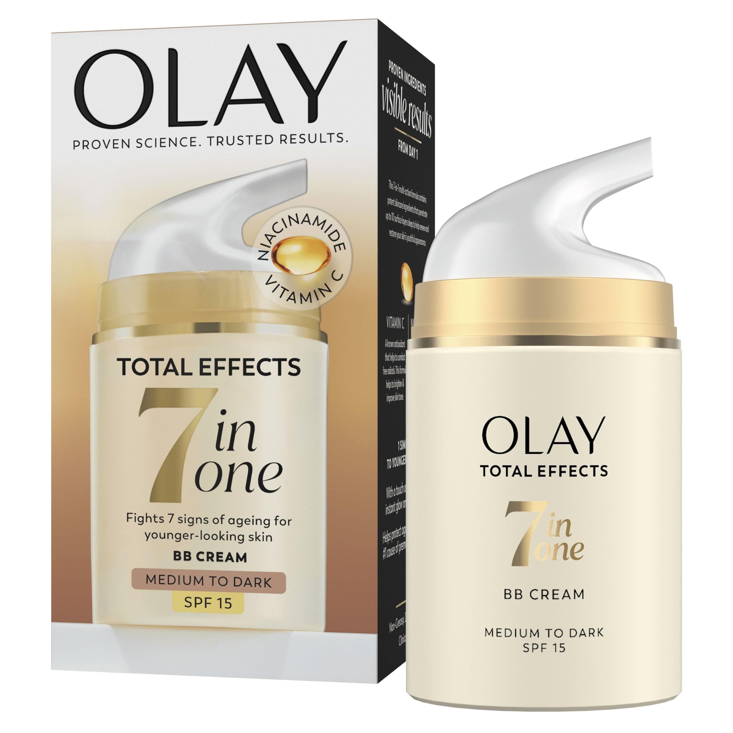 Olay Total Effects SPF15 BB Day Face Cream, Medium to Dark 7-in-1 Skin Care Moisturiser Foundation with Vitamin C & Niacinamide Hydration, Glow and Anti-Wrinkle, Nourishes and Protects in 1 Step, 50ml