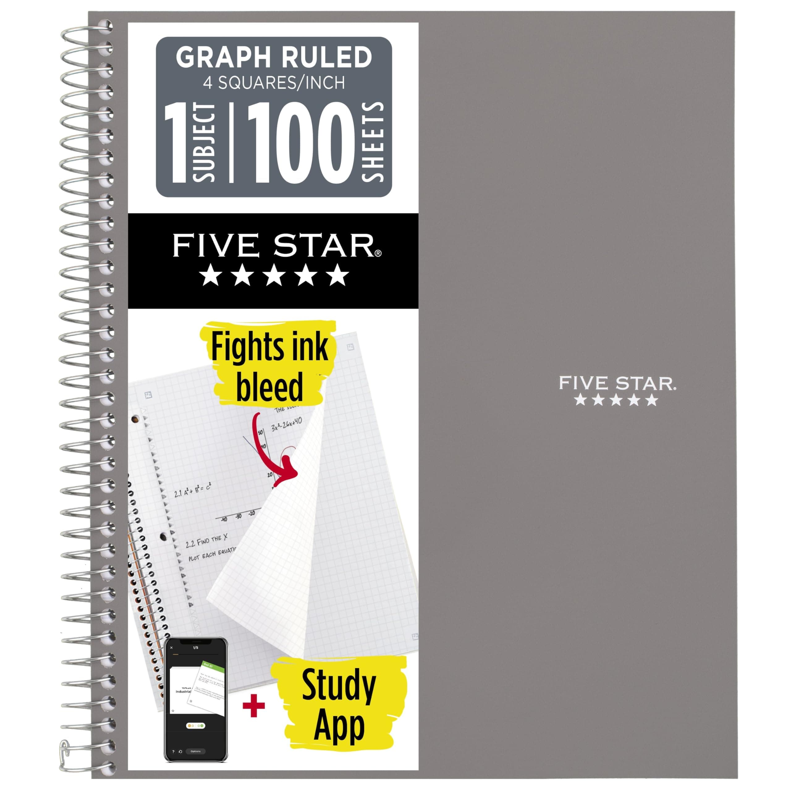 Spiral Notebook + Study App, 1 Subject, Graph Ruled Paper, 8-1/2" x 11", 100 Sheets, Fights Ink Bleed, Water Resistant Cover, Gray (620000AA3)