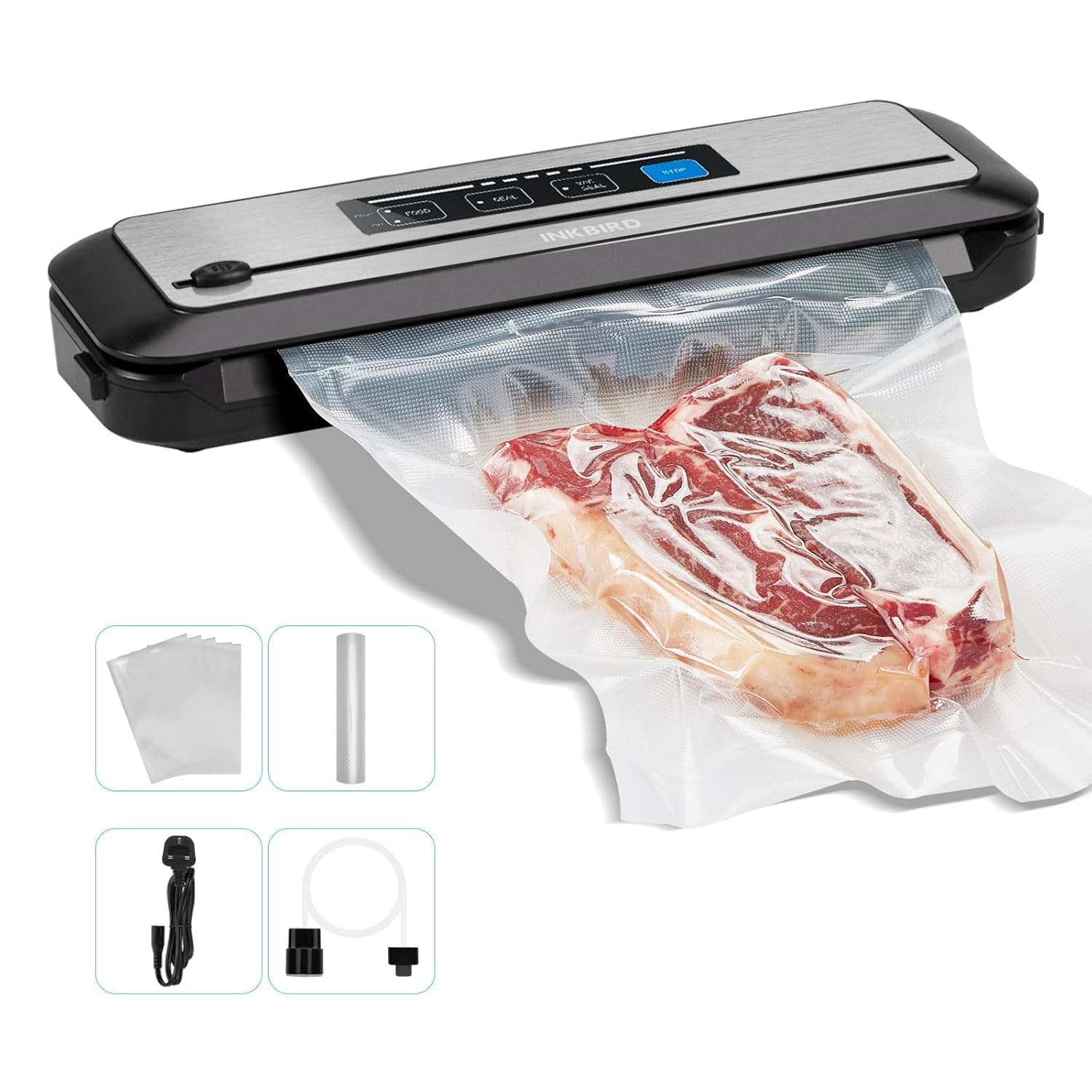 INKBIRD Vacuum Sealer Machine INK-VS01 with Starter Kit, 80kPa One-Touch Automatic Sealing Machine for Food Preservation Storage, Preserving Moist/Dry Foods Packer with Built-in Cutter & BPA-Free 220V