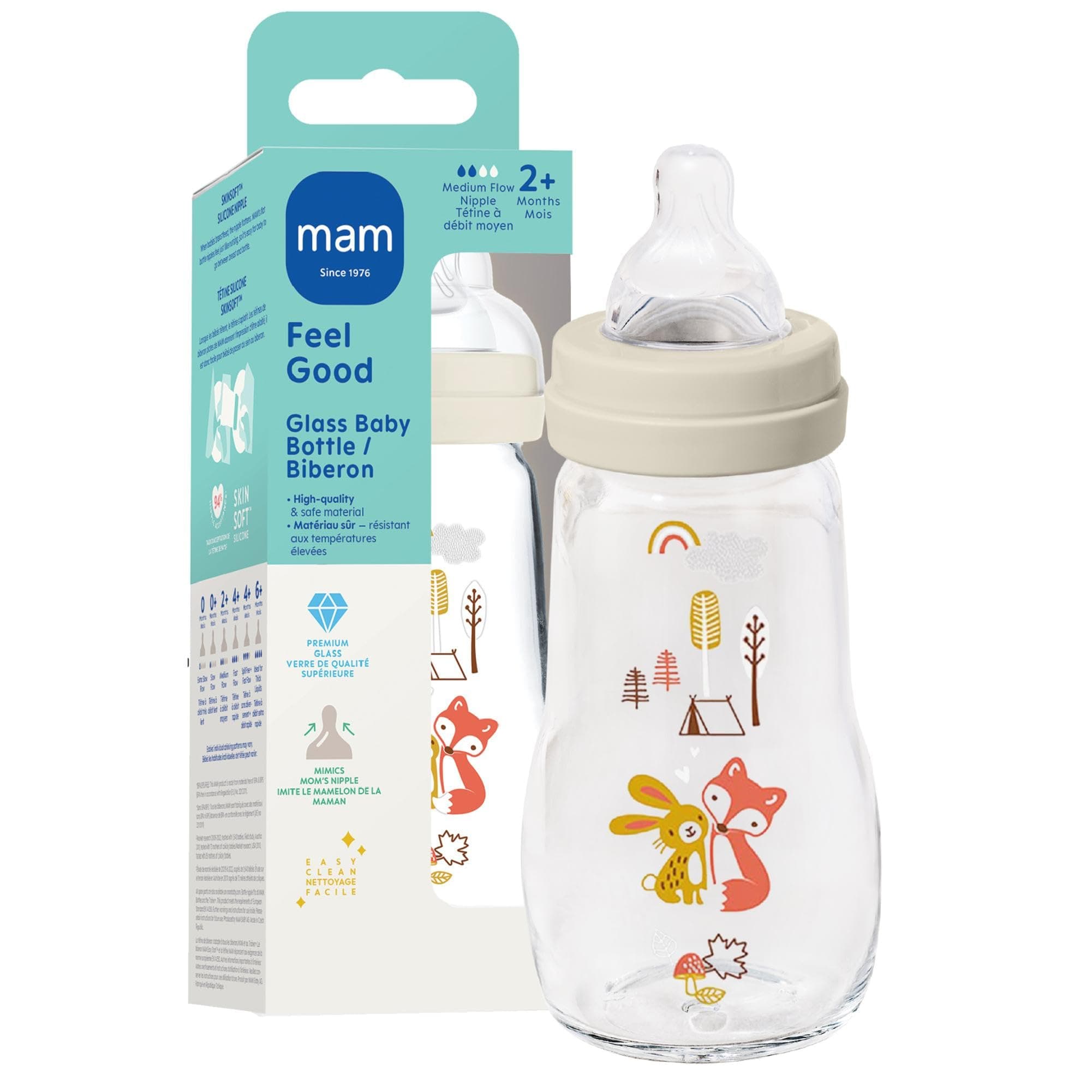 MAM 9oz Premium Glass Baby Bottle Newborn, Wide Neck Medium Flow Breastfeeding Like Silicone Nipple, Easy Clean, BPA Free, 2+ Months, Easy Switch Between Breast and Bottle, 1 Pack, Unisex
