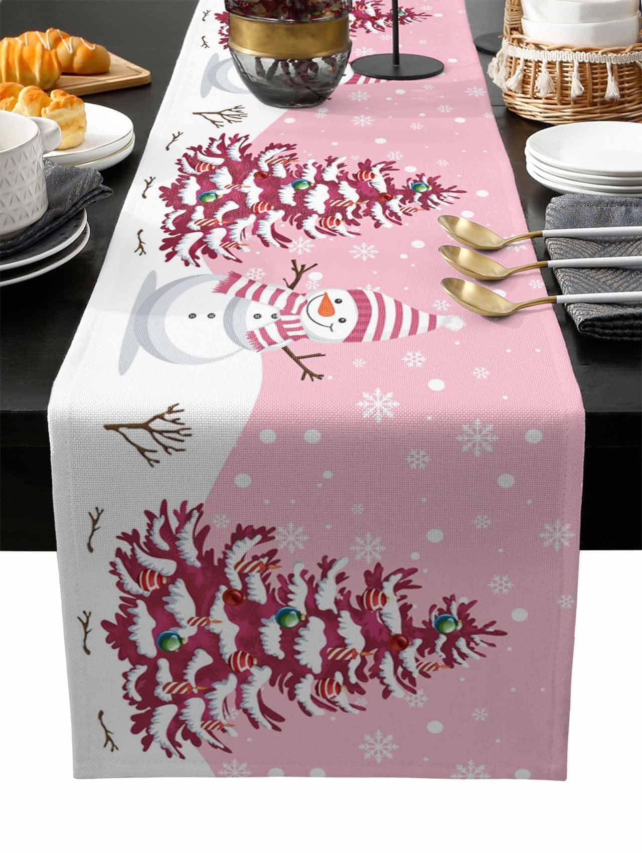 Christmas Table Runner - Cotton Linen 60 Inches, Snowman Rustic Pink Snowflake Bed Runner Dress Scarves, Farm Xmas Tablerunner for Dining/Holiday/Coffee Table 13" x 60"