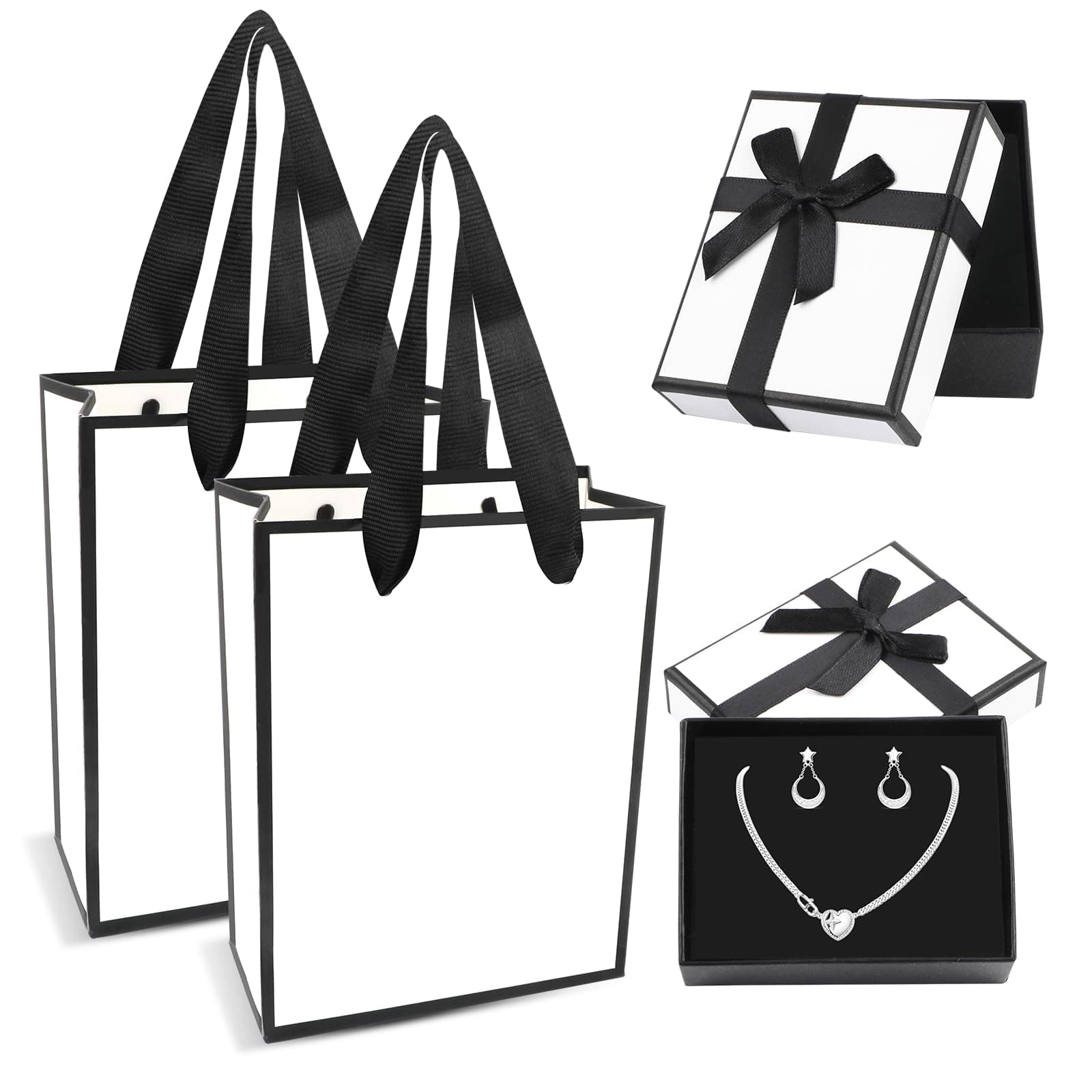 SvalorSvalorBox 2 Pcs Gift Sets, Small Black Ribbon box, Paper boxes for Jewellery, Bracelets, Earrings, Rings, Bangle Charms (9x7x3cm), Black and White