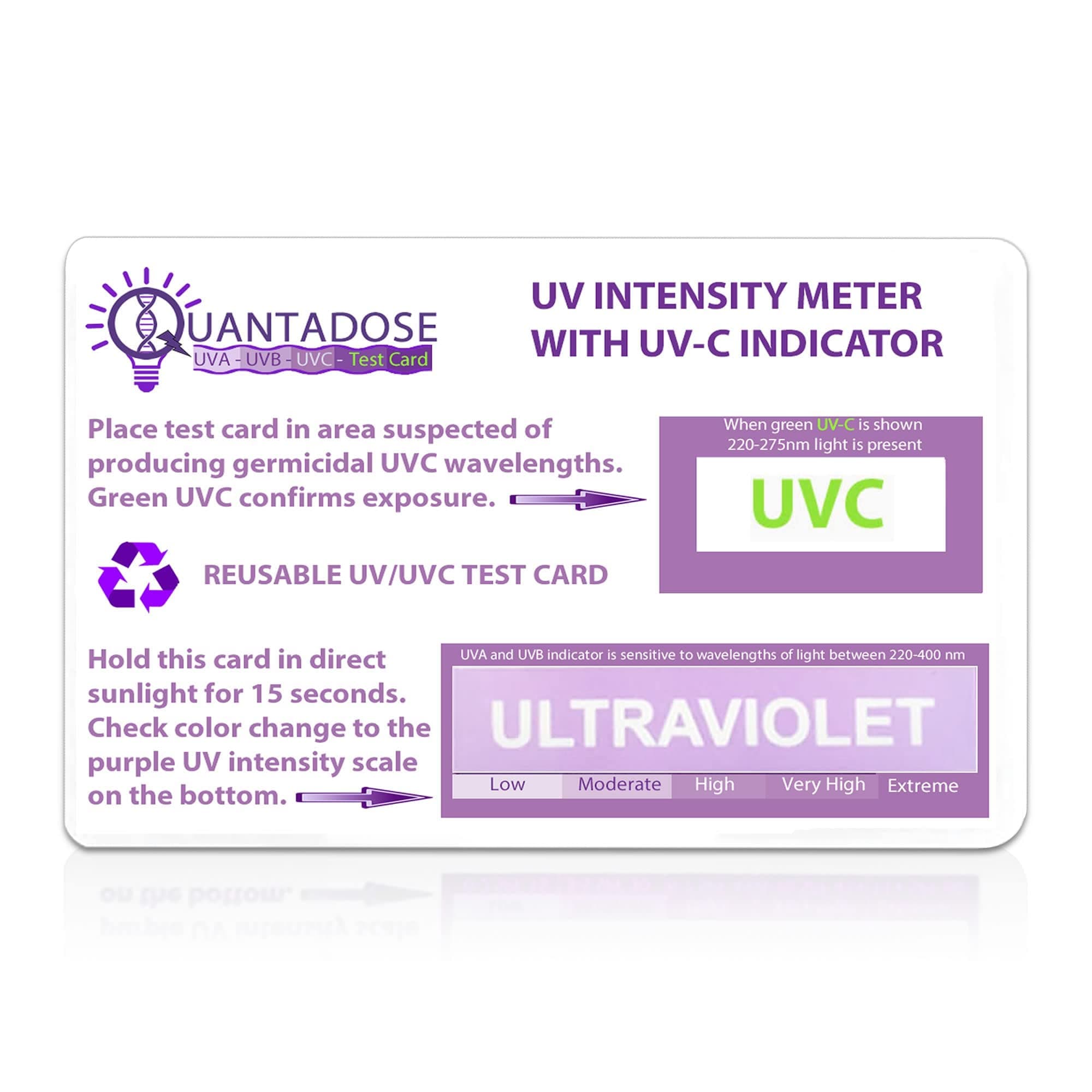 UVC Light Test Card with UVC Light Wavelength Indicator and Photochromic UV Intensity Test