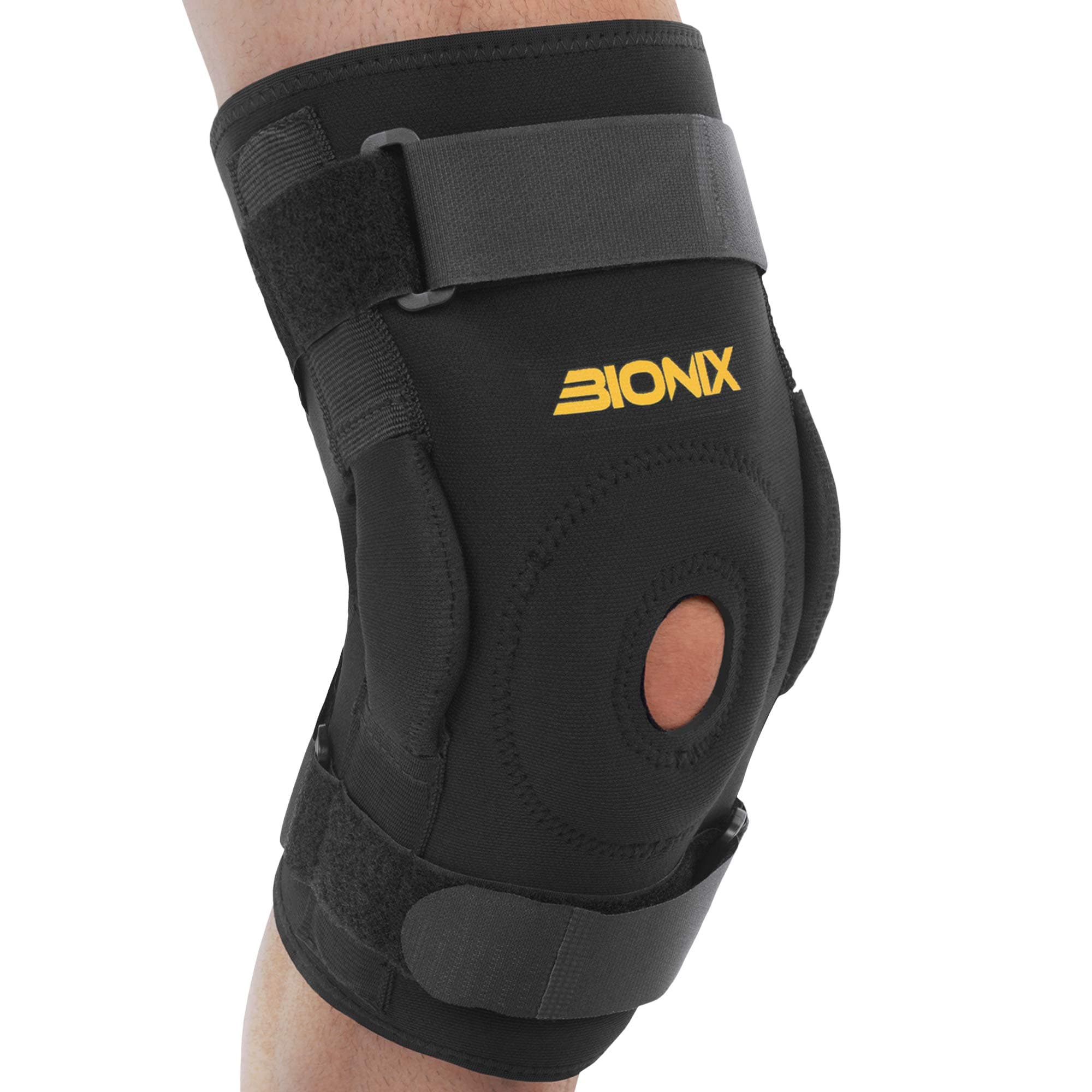 Bionix Hinged Knee Brace with Bilateral Stability-Open Patella Buttress Knee Brace for Tendonitis Arthritis Injuries and Sprains Pain Knee Support for Men and Women Left, Right Leg XL