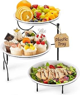 Plastic 3 Tier Serving Tray for Party, 25 cm/10" White Reusable Round Serving Platters with Gold Collapsible Metal Stand, Decorative Dessert Table Display Set for Veggie, Fruit, Cookies