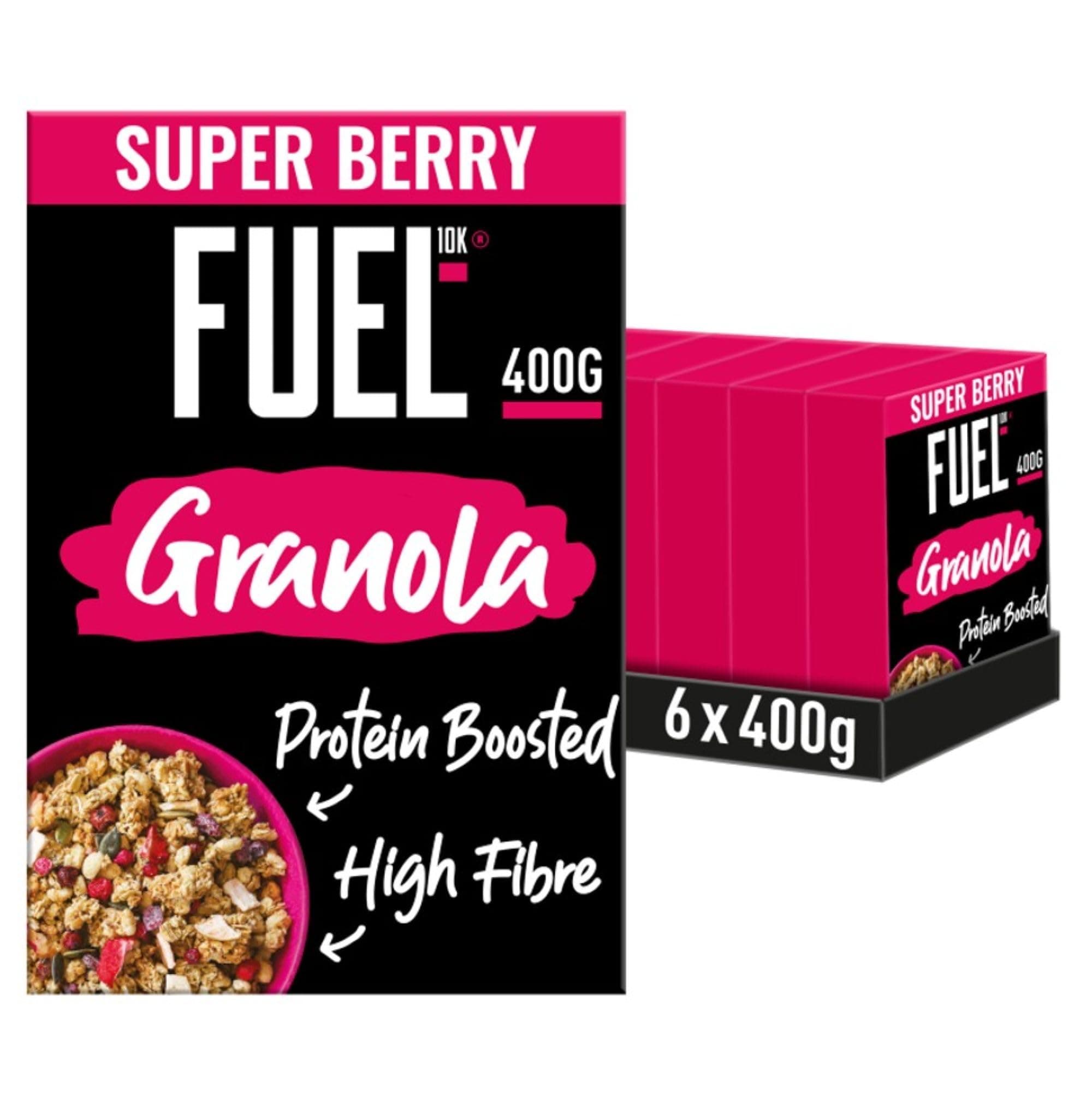 FUEL10K Protein Boosted, Chunky Granola, Super Berry, 6 x 400 Gram Box - High Fibre, Vitamin Boosted, Vegan Cereal with Mixed Fruit Pieces, Jumbo Oats & Pumpkin Seeds