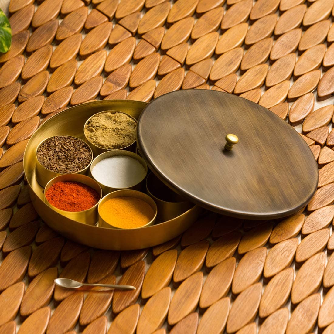 ExclusiveLane 'Masala Blends' Handcrafted Brass Indian Spice Boxes For Kitchen Masala Dabba With Spoon (7 Removable Containers, 40 ML) -Indian Spice Box Masala Box Masala Dabba Masala Daani Namak Dani