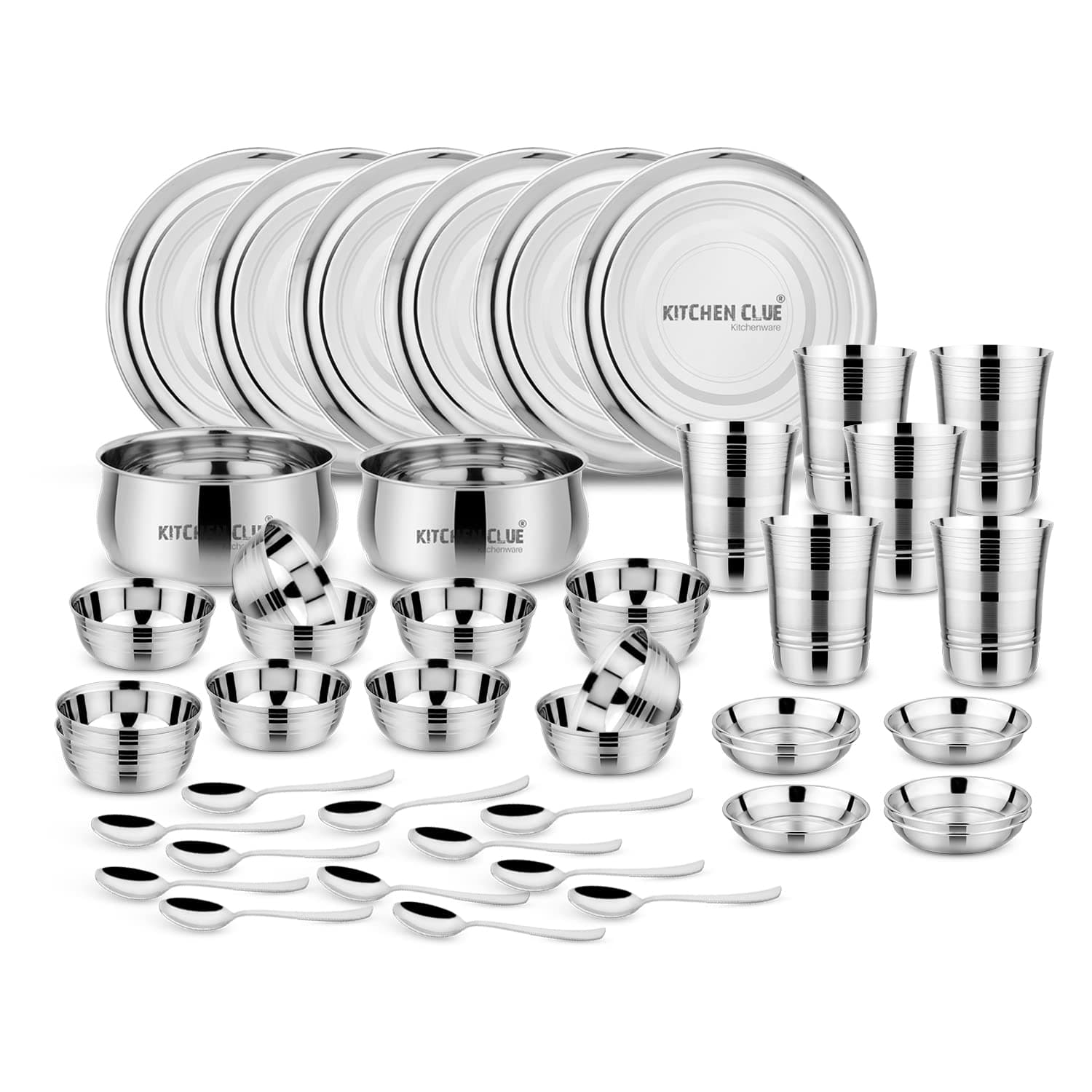 KITCHEN CLUE Premium Grade Quality Stainless Steel Dinner Set of 44 Pcs, Silver Touch Design - Attractive & Stylish Looks - Add Grace to Your Kitchen - Exclusive Kitchen Set for Home - Highly Durable