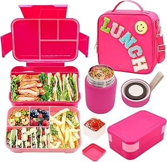 - Bento Lunch Box Set for Kids with 10oz Thermo Food Jar, Leak-Proof Lunch Containers with 6 Compartment, Nylon Preppy Lunch Bag with Adjustable Strap for Girls School Travel Picnic