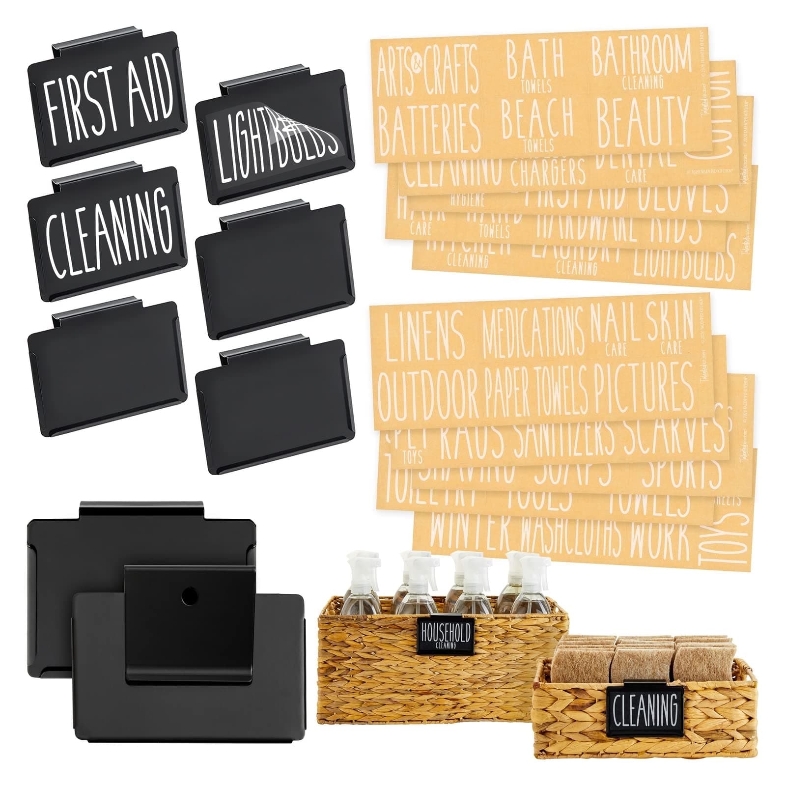 Talented Kitchen 8 Pack Metal Basket Labels Clip On Holders with 70 Household Labels for Storage Bins, Bin Clips Labels Tags for Organizing Home, Bathroom, Linen Closet (Black)