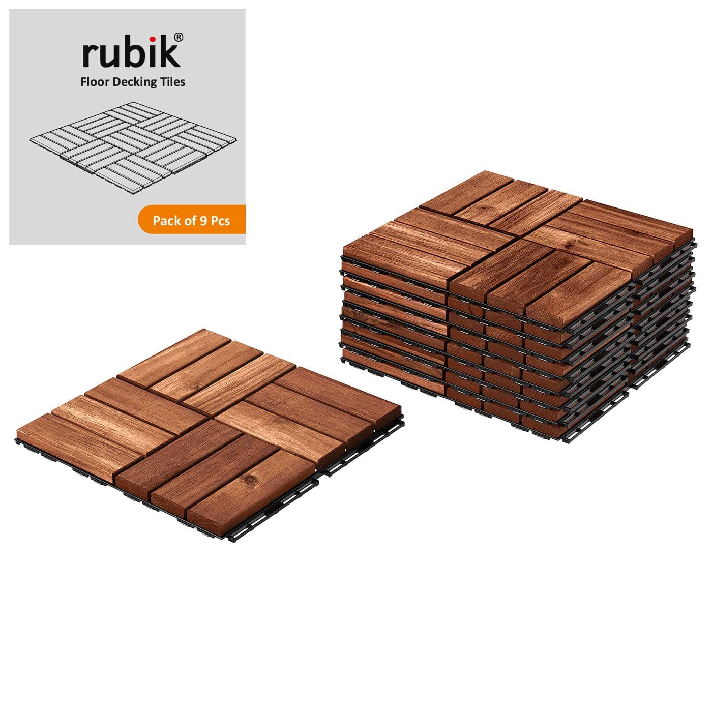 Rubik Acacia Wood Floor Decking and Patio Interlocking Tile Flooring Pavers Composite Decking For Indoor and Outdoor - Pack of 9 Tiles