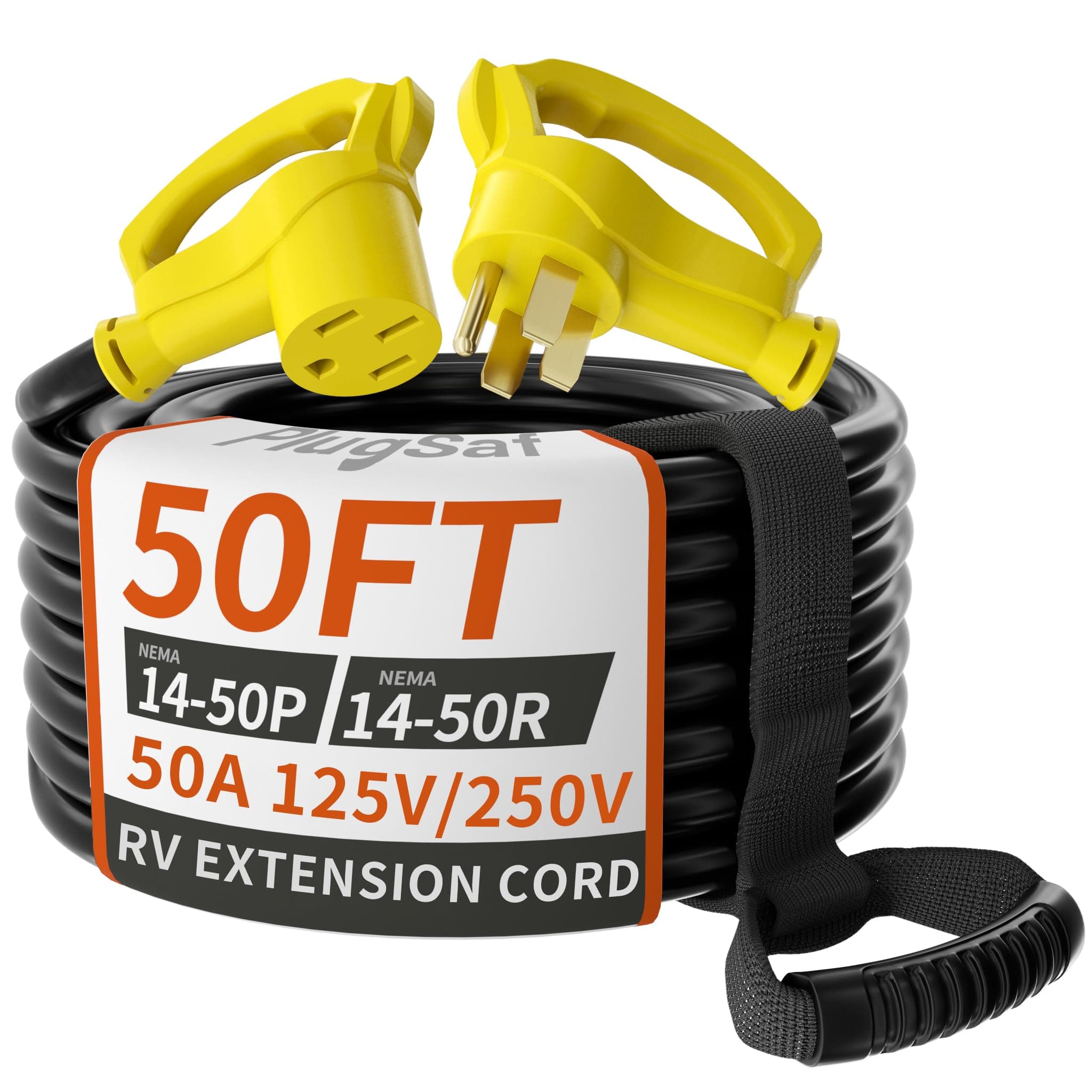 NEMA 14-50P/14-50R 50 FT 50 Amp RV/EV Extension Cord Outdoor with Grip Handle, 4 Prong Flexible Heavy Duty STW RV Power Cord Waterproof, 50A 125/250V 6250/12500W, Black-Yellow, ETL Listed