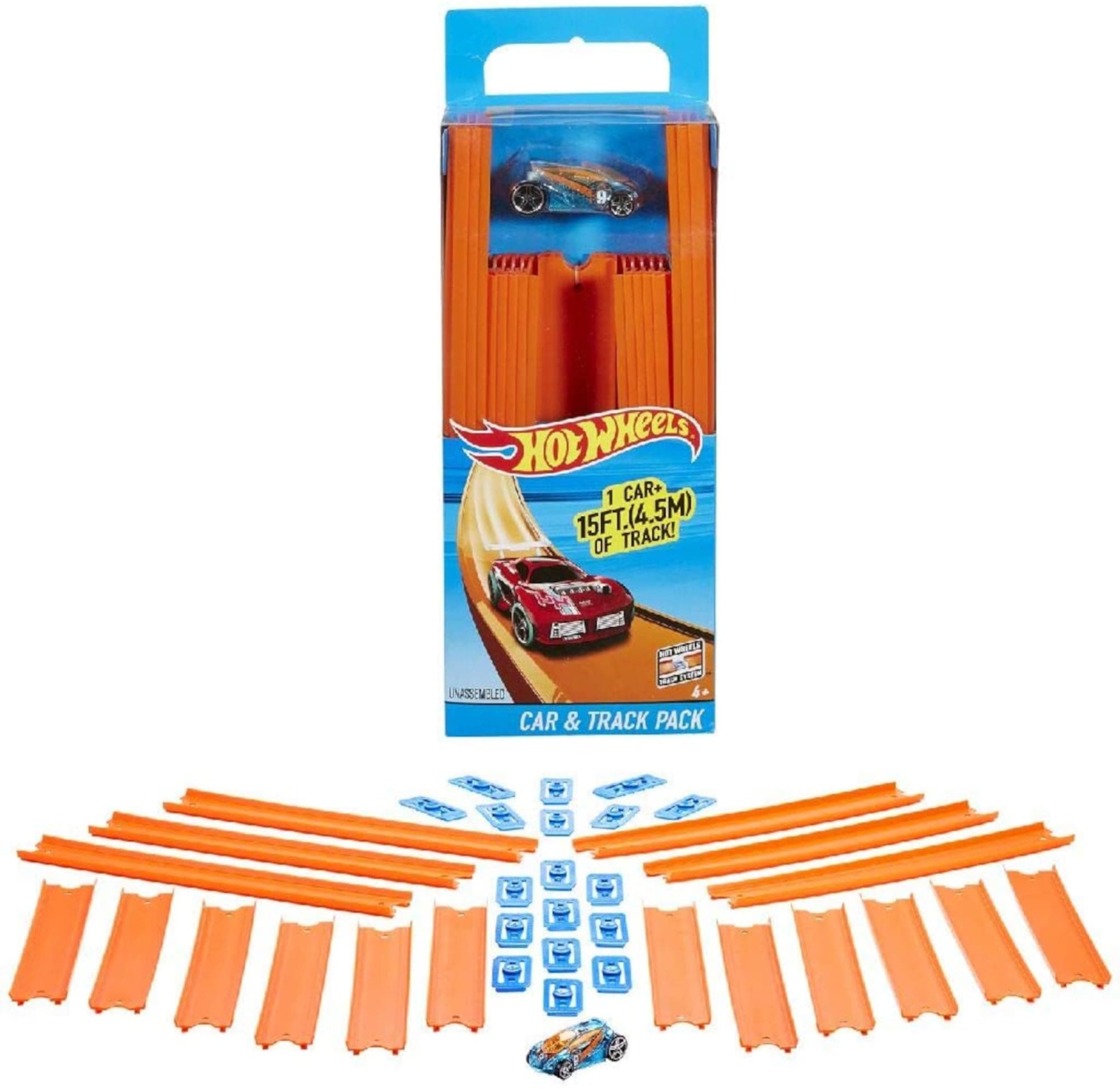 Hot Wheels BHT77 Track Builder Rechte Racebaanset, Lengte Van ca. 4,5 m en 18 Baanverbindingen Incl. 1 Auto, Vanaf 6 Jaar, Meerkleurig