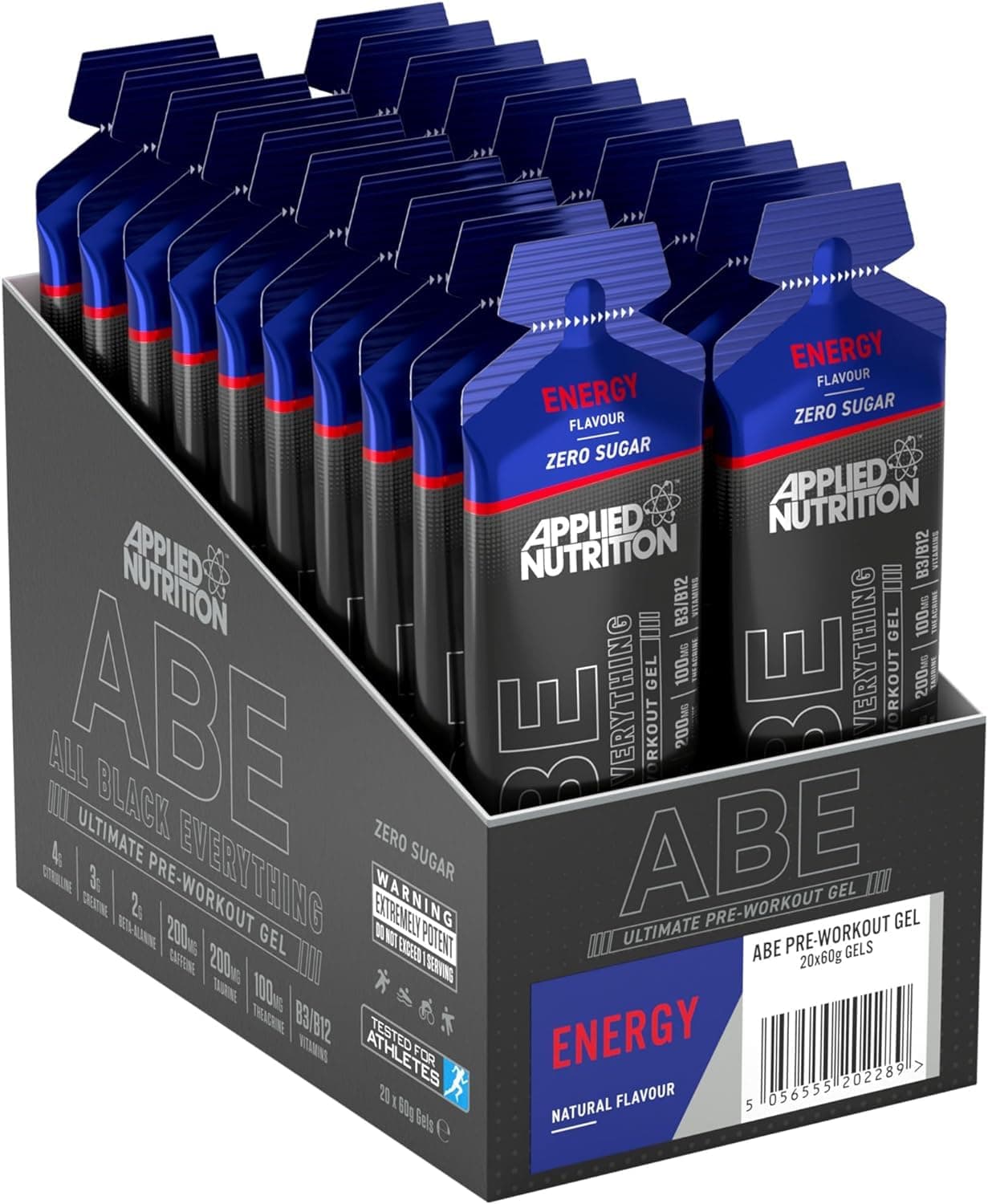 ABE Pre Workout Gel - All Black Everything Pre Workout Gel, Energy & Physical Performance with Citrulline, Creatine, Beta Alanine (20 x 60ml Gels) (Energy Flavour)