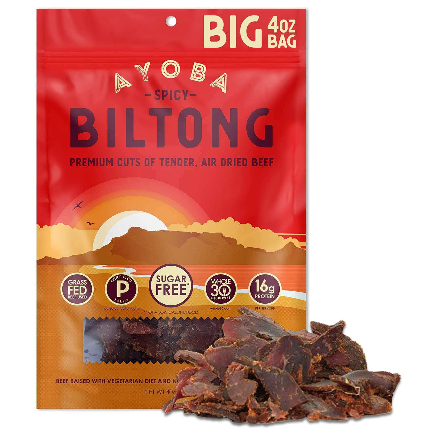 Ayoba Spicy Grass Fed Beef Biltong Slices (4 Ounce, Pack of 1) - Keto Friendly Air-Dried Grass Fed Beef Paleo Snacks - Gluten Free, Whole 30 Approved, Sugar free, No Carb Meat Snacks