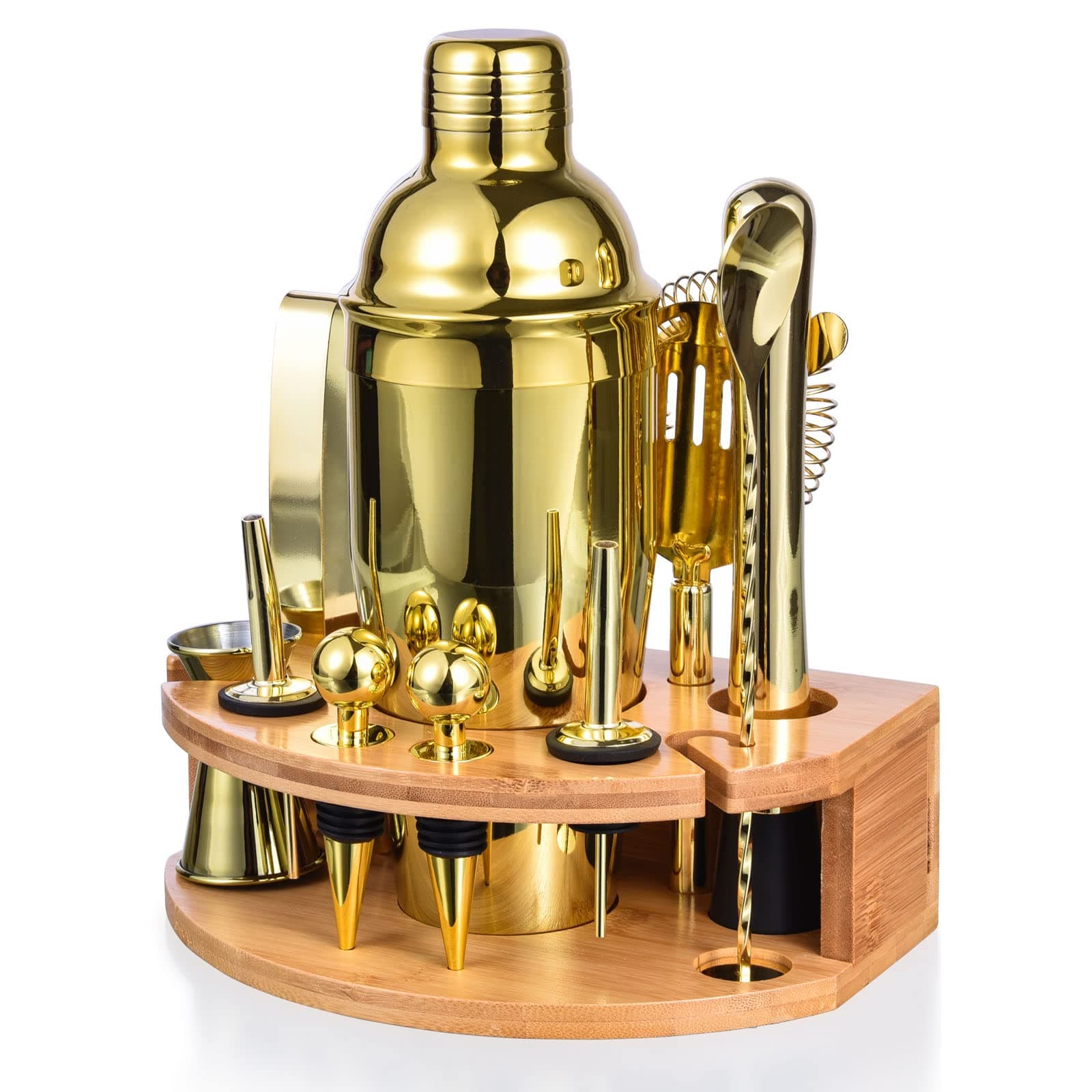 Bartender Kit with Stylish Bamboo Stand, 12 Piece 25oz Cocktail Shaker Set for Mixed Drink, Professional Stainless Steel Bar Tool Set, Gift for Man Dad- Cocktail Recipes Booklet (Gold)