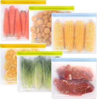 SPLF 6 Pack Reusable Gallon Freezer Bags Dishwasher Safe, BPA Free 1 gallon Leakproof Silicone and Plastic Free Food Storage Bags for Meal Prep, Fruits, Sandwich, Snack, Travel Items - Muticolor