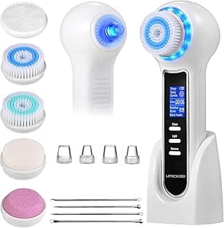 UMICKOO Face Scrubber Exfoliator,Facial Cleansing Brush Waterproof with LCD Screen,Blackhead Remover Vacuum with 5 Brush Heads,Face Spin Brush for Exfoliating (White-Black)