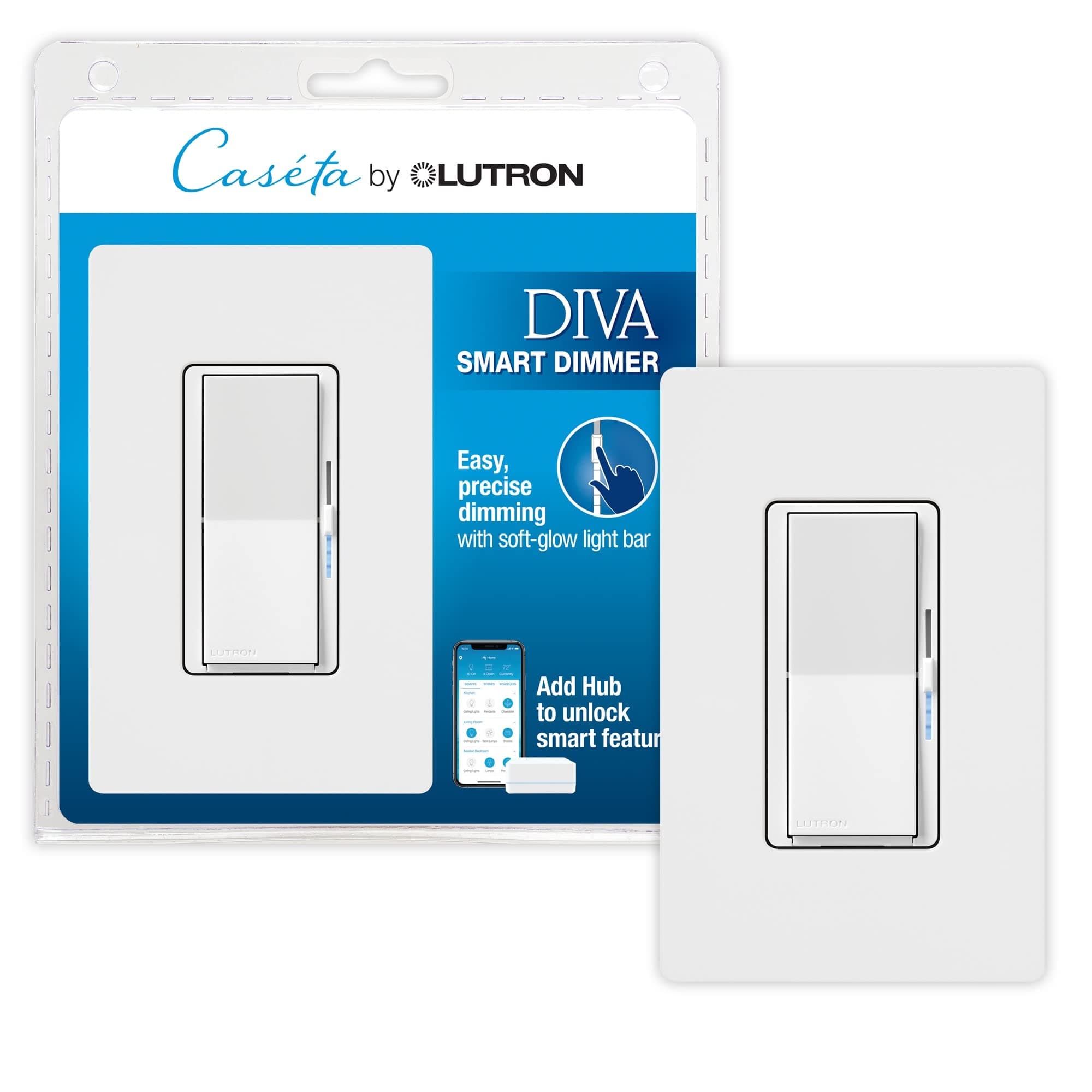 Lutron Diva Smart Dimmer Switch with Wallplate for Caséta Smart Lighting | No Neutral Wire Required | DVRFW-6L-WH-A | White