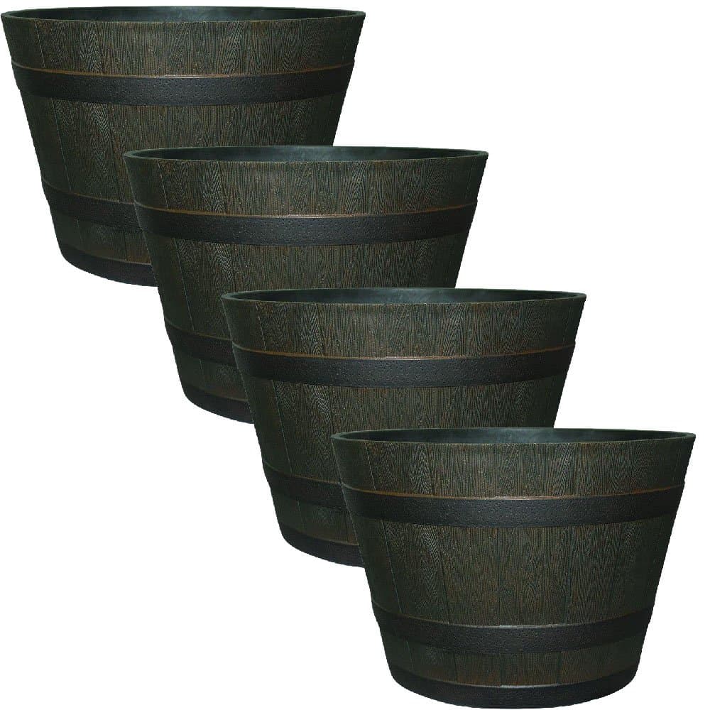 22-1/2 in. Dia Rustic Oak Resin Whiskey Barrel Planter with Iron Band (4)