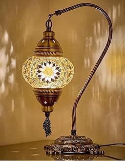 DEMMEX Turkish Moroccan Mosaic Table Lamp – Handcrafted Tiffany-Style Colorful Glass Swan Neck Bedside, Desk, Table Light, Boho Artisan Accent Lighting for Bedroom or Living Room – 15" H, Amber Brown