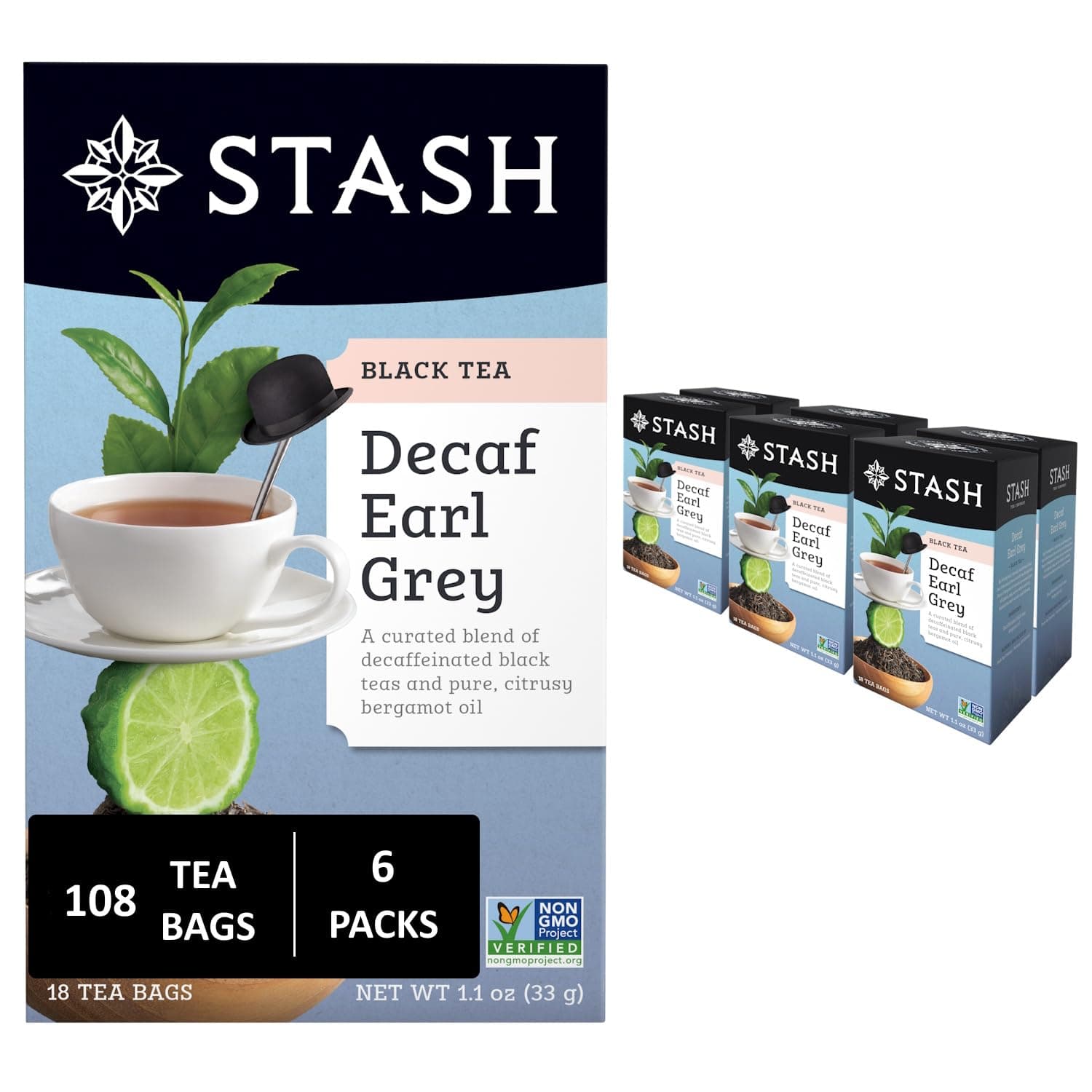 Stash Tea Decaf Earl Grey Black Tea - Decaf, Non-GMO Project Verified Premium Tea with No Artificial Ingredients, 18 Count (Pack of 6) - 108 Bags Total