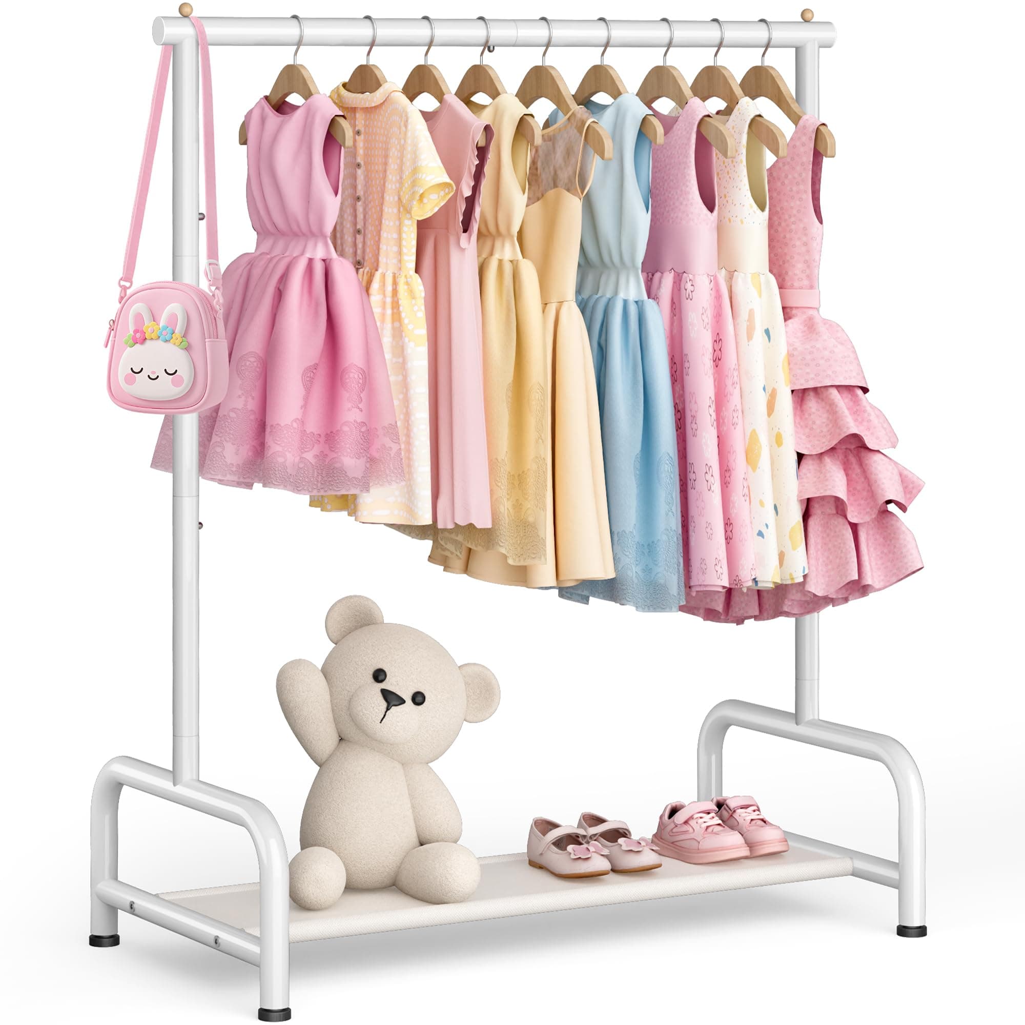 SLEEPING LAMB Kids Clothes Rack, Small Baby Clothes Rack with Bottom Storage Shelf, Kids Clothes Rack for Coats, Dance Costume, Clothes Rack for Hanging Clothes, White