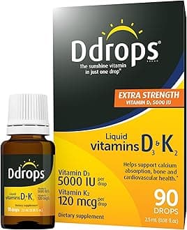 Ddrops Extra Strength 5000 IU Vitamin D3 + K2 90 Drops - Liquid Vitamin D3 & K2 (MK7) Supplement. Supporting Strong Bones, Immune System and Cardiovascular Health.