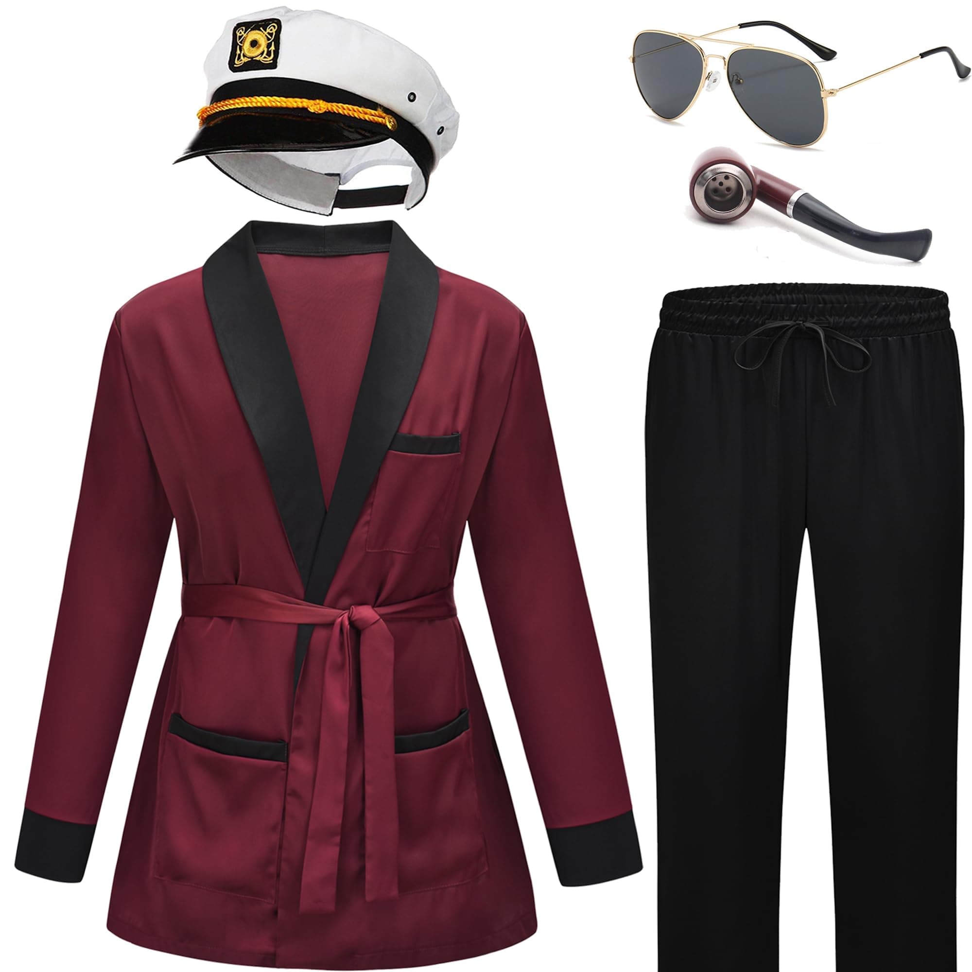 Red Silk Robe Jacket and Black Pants,Captain Hat,Halloween Costume Accessories for Adult