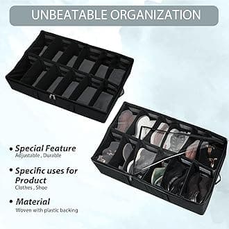 DOUBLE R BAGS Under Bed Shoe Organizer with Zipper | 12 Compartments | Dustproof Space-Saving Storage Box for Sneakers, Heels & Boots | Black (72x61x13 cm) Pack of 2