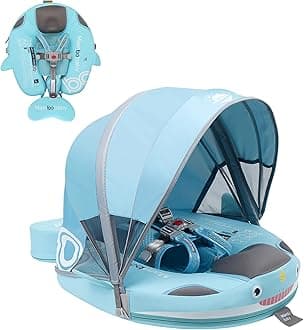 Mambobaby Floats with Canopy &Tail, Non-Inflatable Baby Float for Pool Add Tail Avoid Flip Swim Trainer Baby Floats for Toddler Boys Girls(Narwhal-Green)