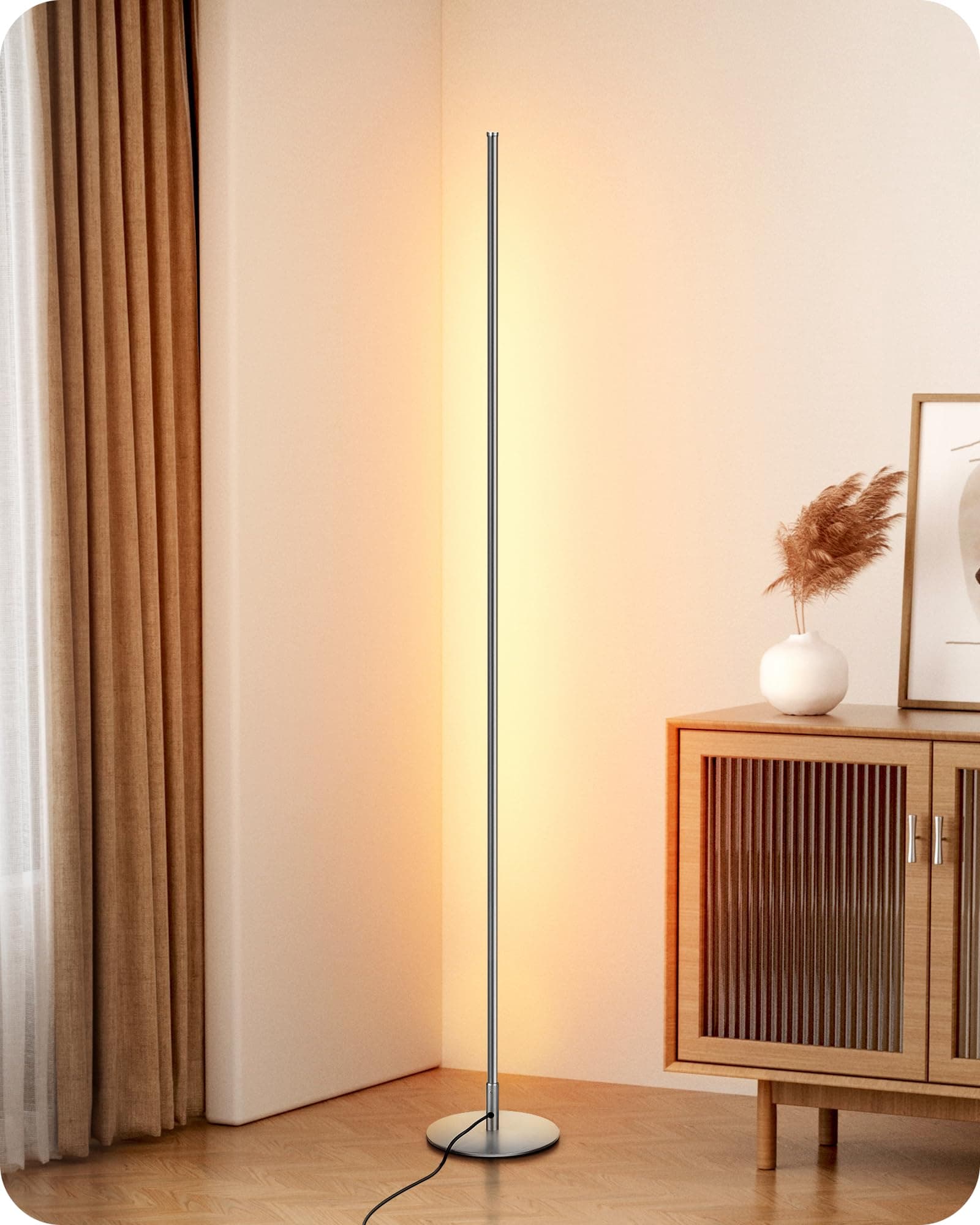 LED Corner Floor Lamp, Minimalist Dimmable Light with Remote, 57.5 Inches Tall Floor Lamps for Living Room, Bedroom, Home Office, 7 Color Temperature 2700-6000K (Silver)