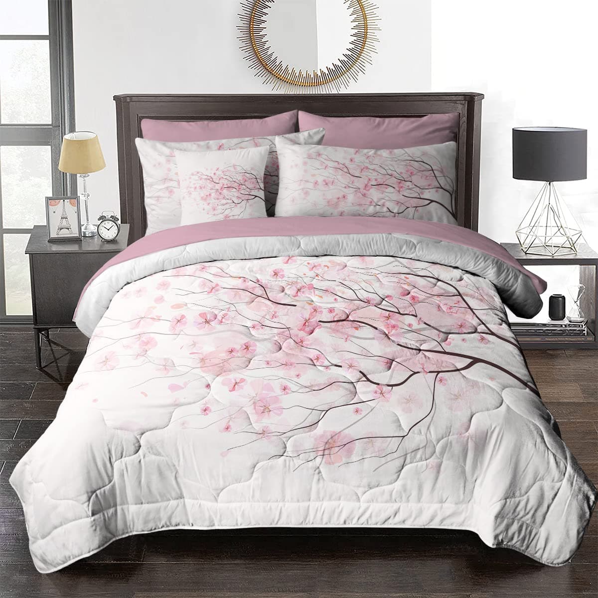 BlessLiving Spring Floral Comforter Set, 8 Pieces Bed in a Bag, Pink Sakura Cherry Flower Bedding Sets, Lightweight Comforter Set for King Bed (Comforter, Sheets, Pillowcases, Shams & Cushion Cover)