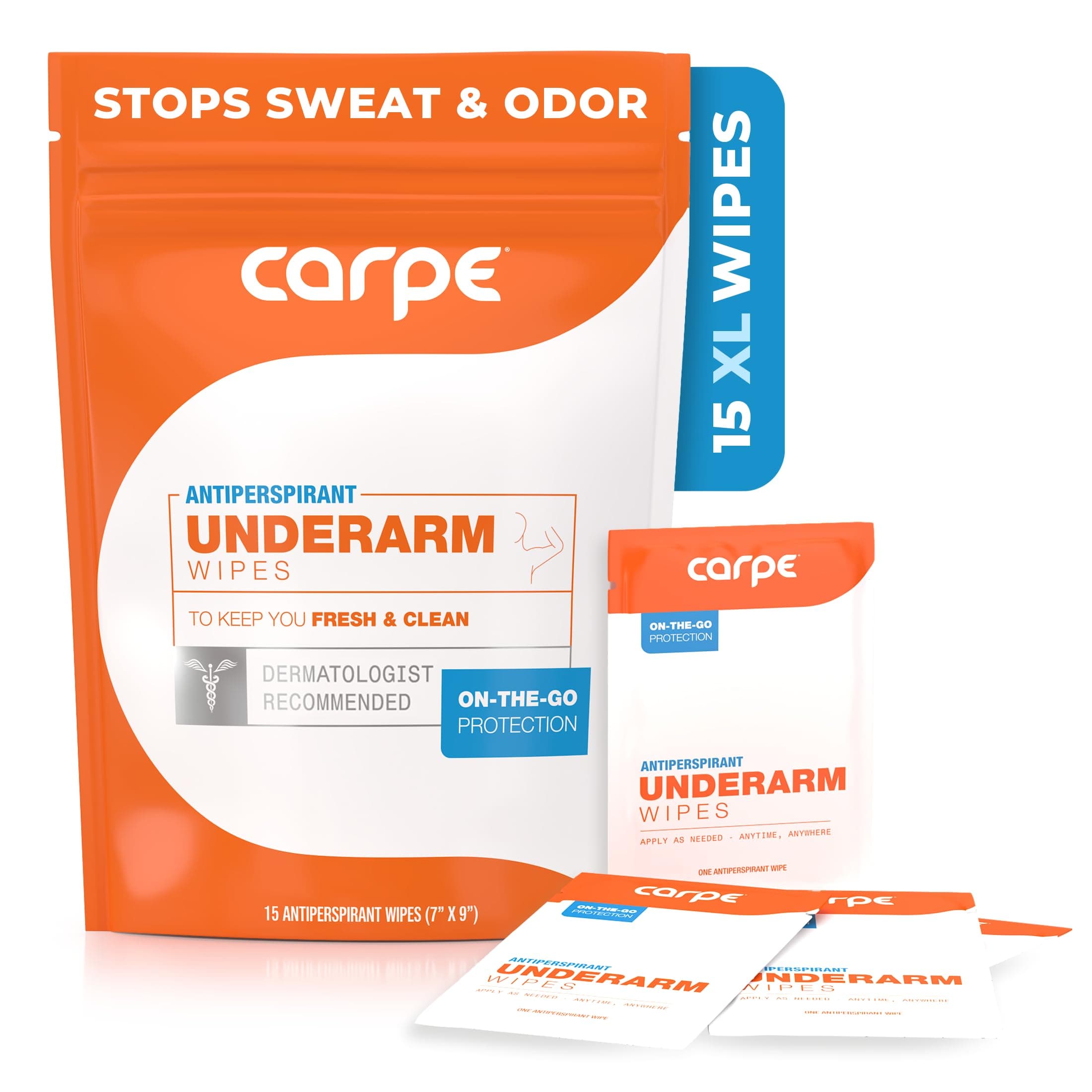 Antiperspirant Underarm Wipes for Sweat Blocking, Deodorizing, and Cleansing When You’re On the Move - 15 Residue Free, Individually Wrapped Wipes - Clean and Refreshing Scent