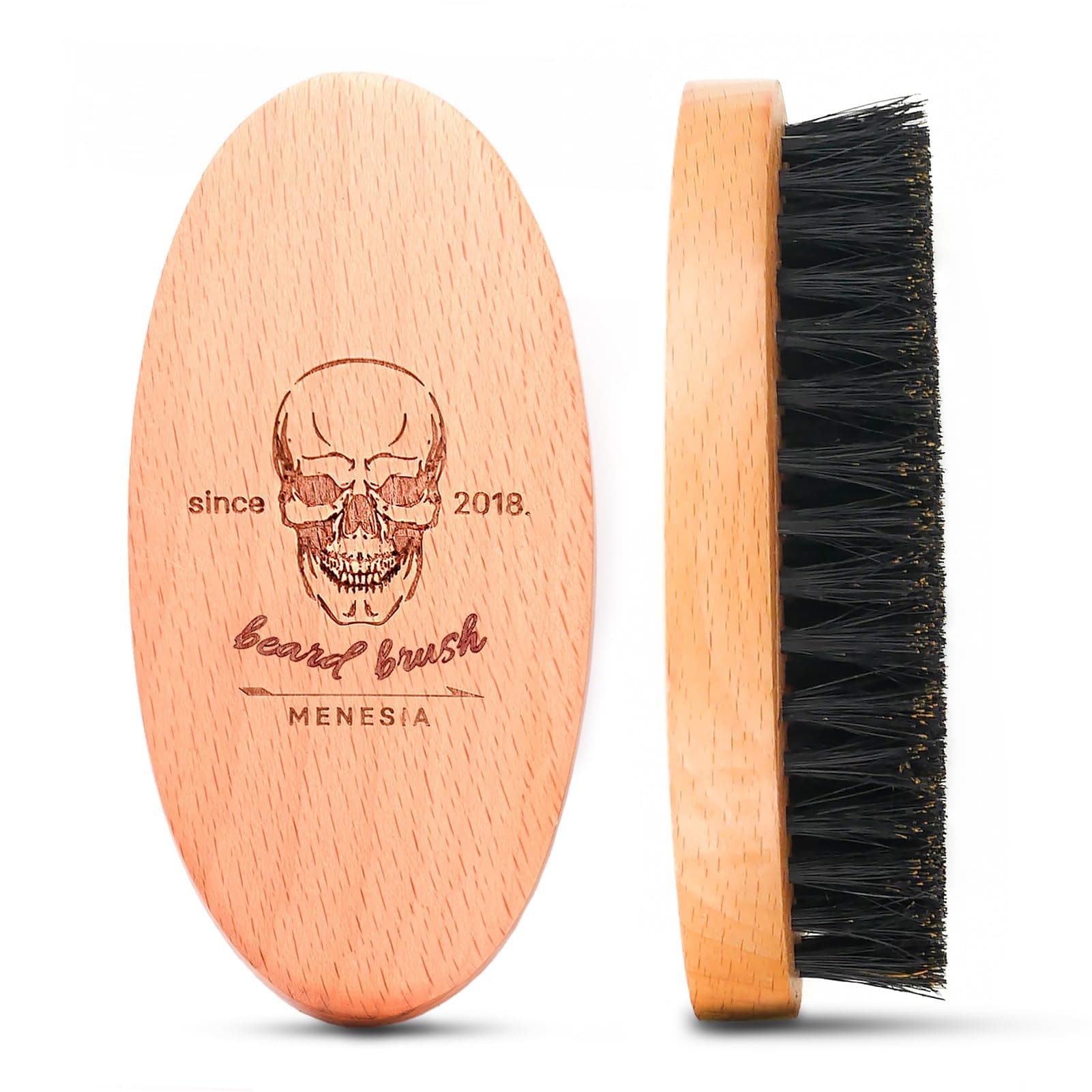 Boar Bristle Hair Beard Brush for Men, Small Soft Beard Brush, Pocket Travel Men's Wooden Mustache Brush (Skull)
