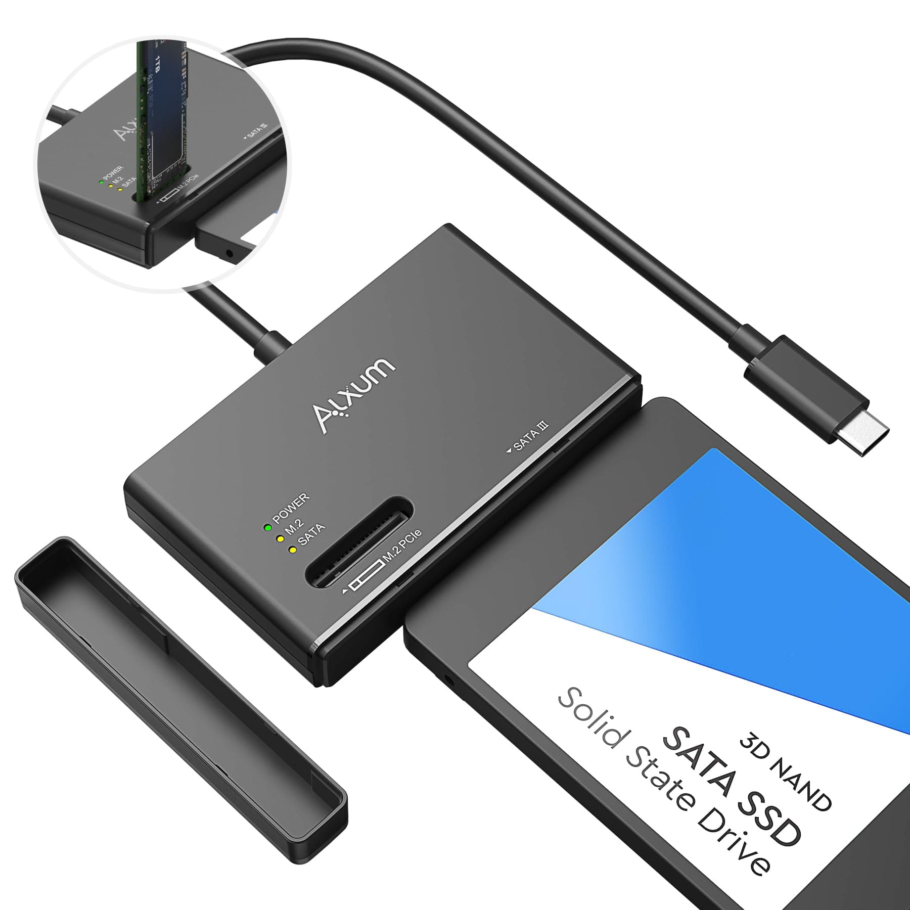 Alxum M.2 NVMe SSD Enclosure Adapter – USB-C 10Gbps PCIe M.2 to SATA Adapter, SSD Reader for All M.2 Sizes and 2.5"/3.5" SATA Drives, Portable Black