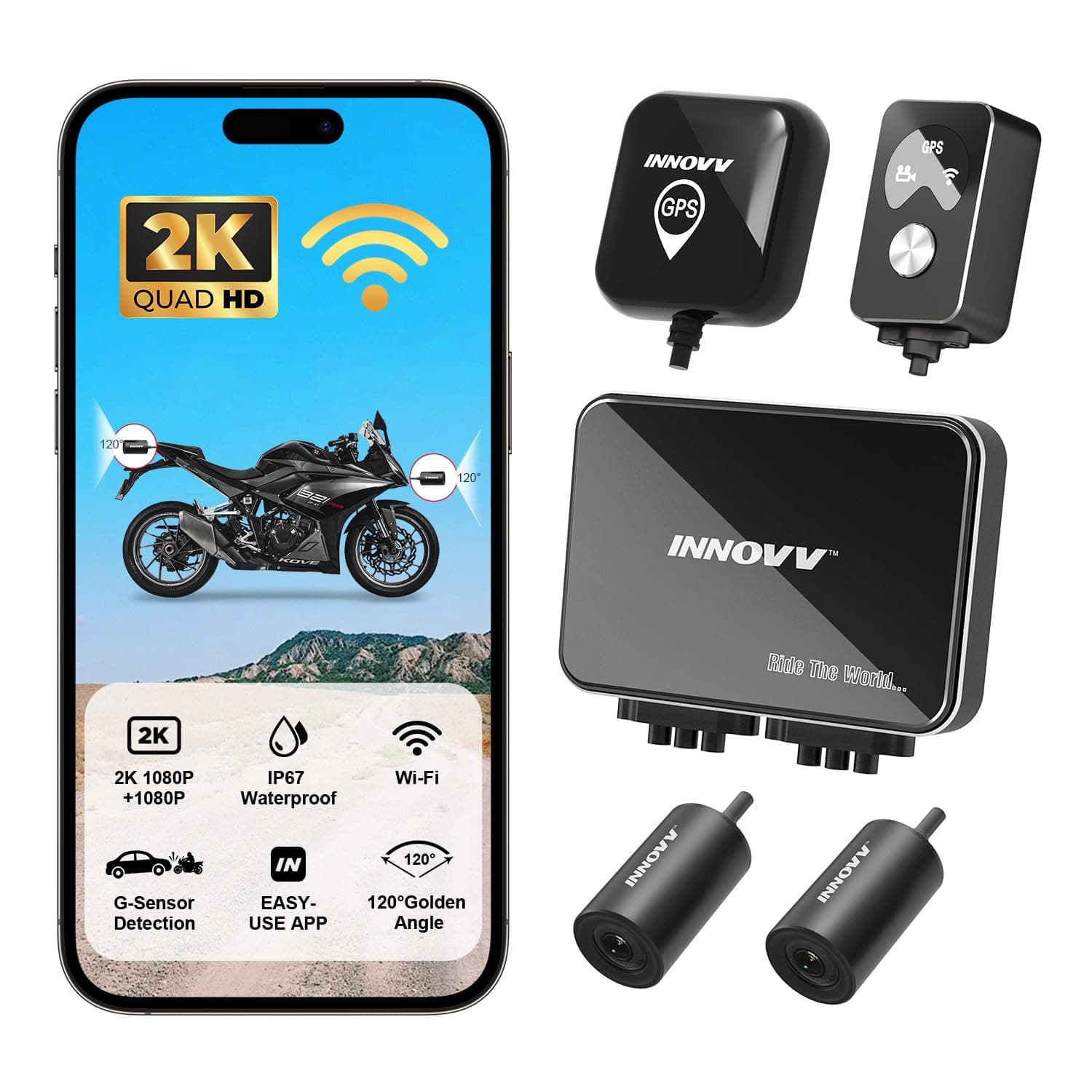 INNOVV K7 Motorcycle Dash Cam, 2K + 2K Front and Rear Camera with EIS Anti-Shake, Motorcycle DashCam with 24hr Sentry Mode, Emerg Auto Save GPS, App Connect, IP67 Waterproof, Max Support 512 GB