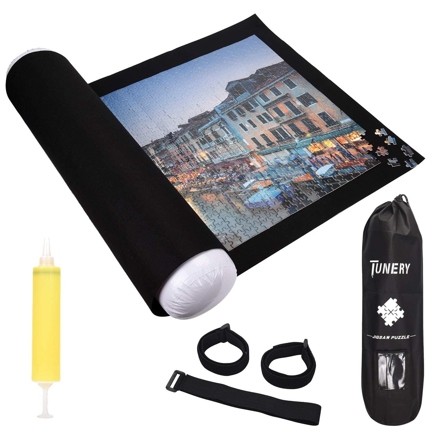 Puzzle Mat, Uiong Puzzle Storage Pad & Jigsaw Puzzle Roll Mat Roll up to 1500 Piece, Including 46 X 24 Inch Felt Mat, Inflatable Tube, Mini Pump, Drawstring Storage Bag and 3 Elastic Fasteners