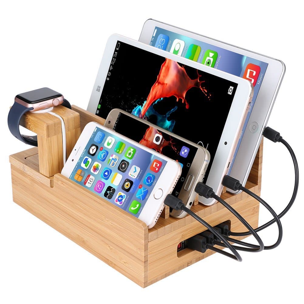 Bamboo Charging Station for Multiple Devices Organizer - USB Wooden Charging Docking Station - Perfect for Smart Phone Pad Tablet Home Family Office or Gift Giving (USB Charger NOT Included)