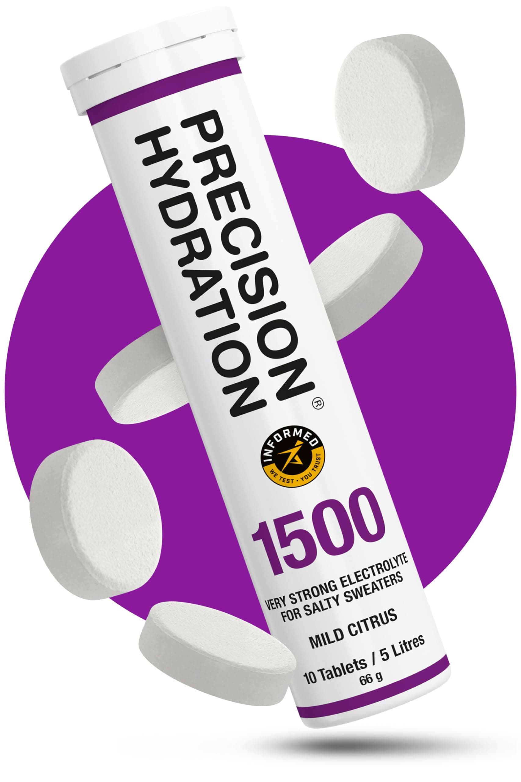 Precision Hydration Lite Electrolyte Beverage - Multi-Strength Foam Hydration Tablet - Fights Spasms - Low Calorie, Gluten Free, Vegan/Vegetarian Friendly, NSF (1 Tube, 1500 mg/L - Purple Tube)